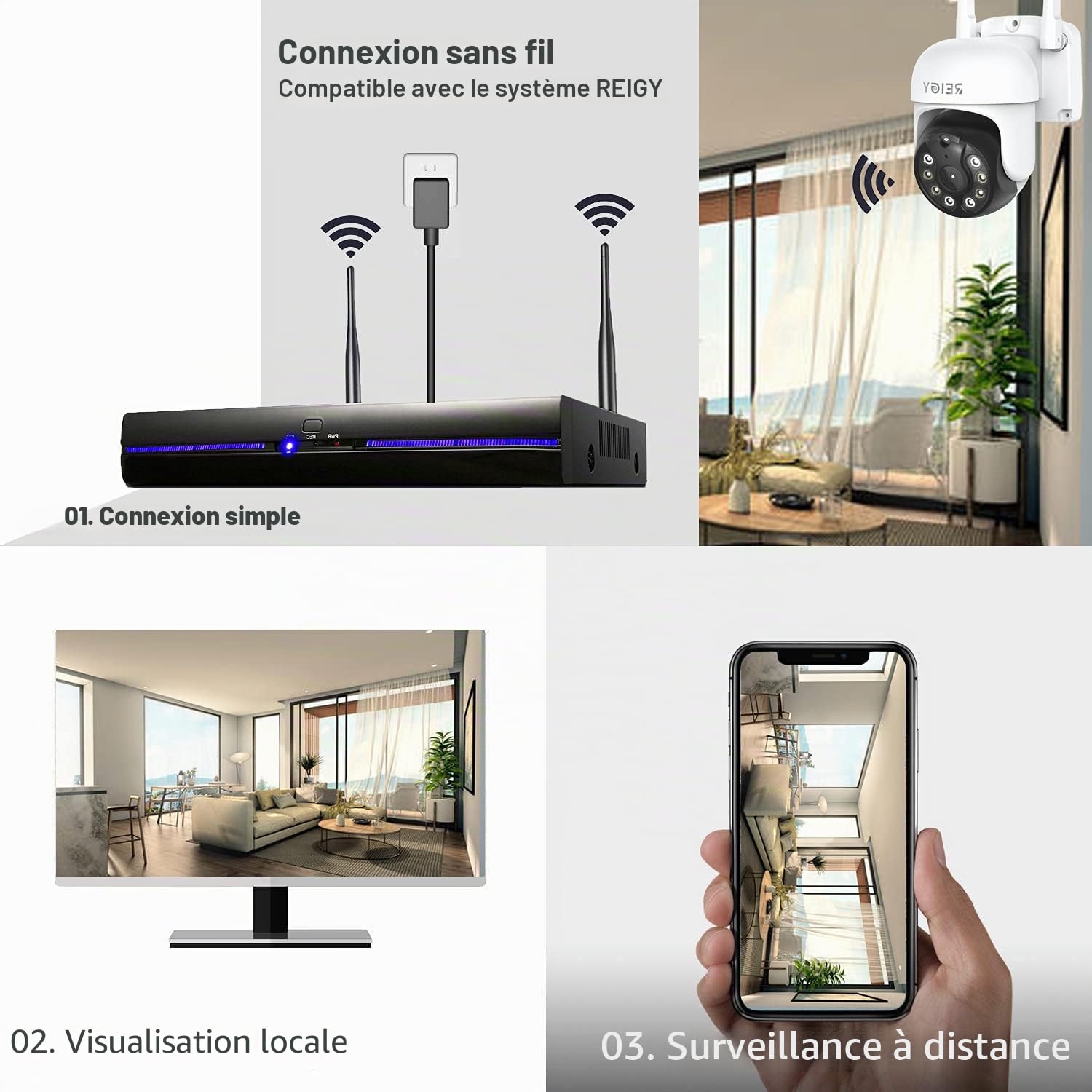 REIGY 3MP Caméra de Surveillance WiFi Extérieure PT 360 1296P IP Caméra de Sécurité sans Fil avec Détection de Mouvements Vision Nocturne en Couleur Audio Bidirectionnel Etanche IP66 Interieur