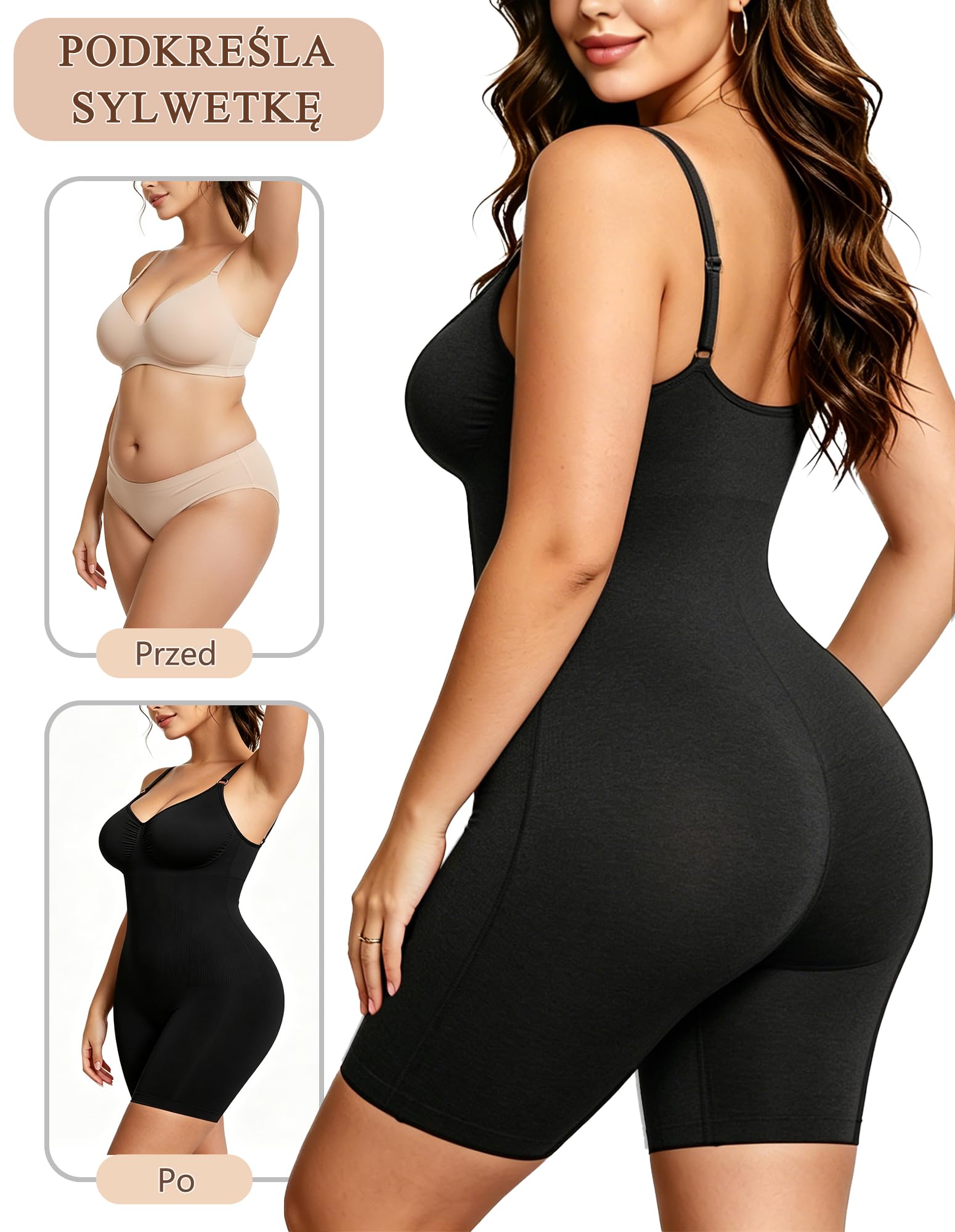 Damskie Body Shapewear Wyszczuplające Modelująca Brzuch | Mocna Kompresja, Korygująca Sylwetkę, Rozciągliwe, Podnoszące Pośladki, Oddychające, Regulowanymi Ramiączkami,