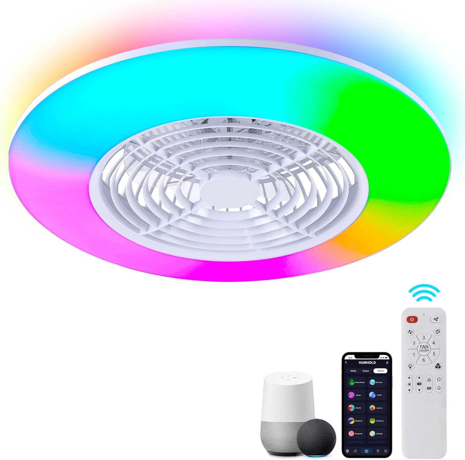 Low Profile Ceiling Fan with Lights - 24" Smart LED Bladeless Ceiling Fans Remote with Voice Control, Modern Flush Mount RGB Ceiling Fan for Bedroom/Living Room White