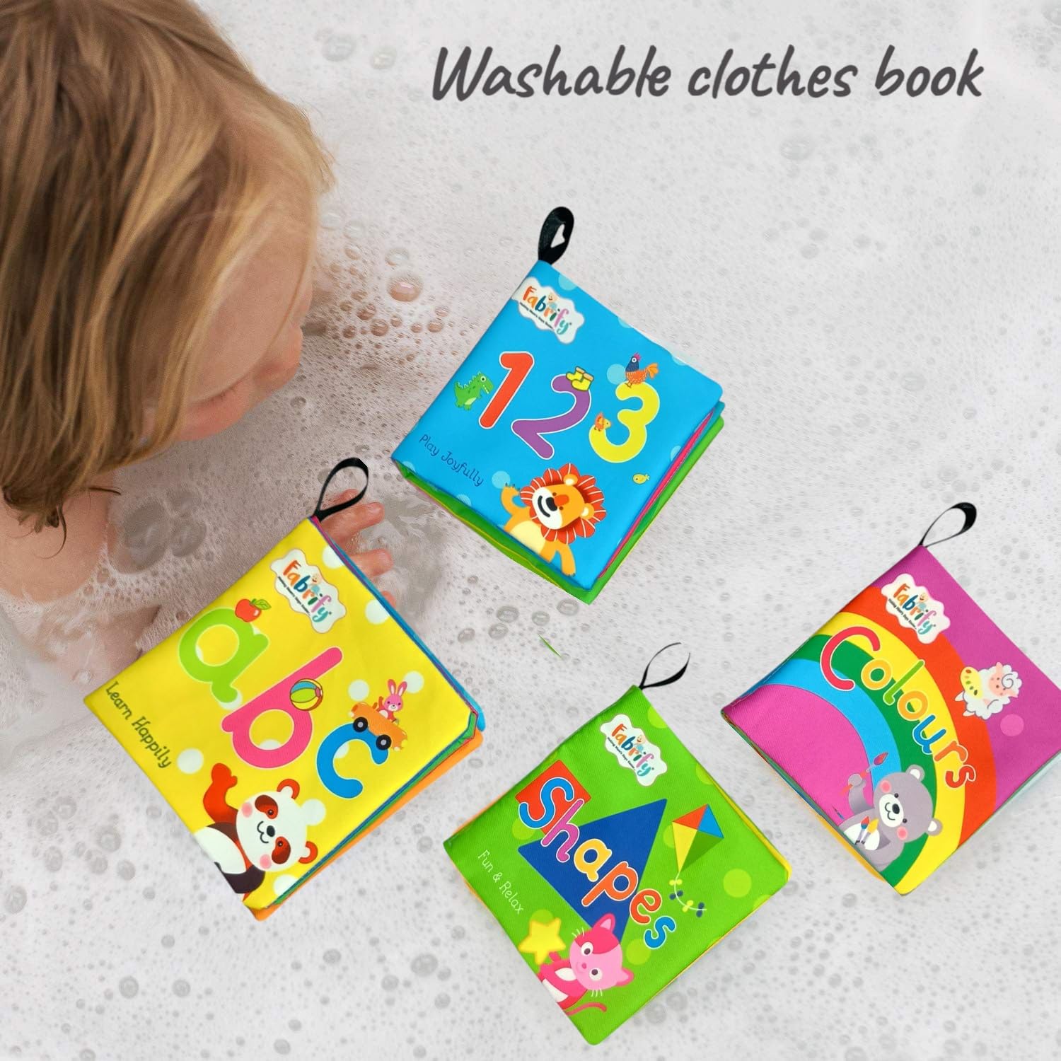 Fabrify 4-Book Set Comes with a Plastic Ring β Soft Sensory Cloth Books for Babies, Crinkle Sound & Washable, Early Learning Themes Alphabet,Shape,Color, Fruits,Numbers,Non-Toxic & Educator 2