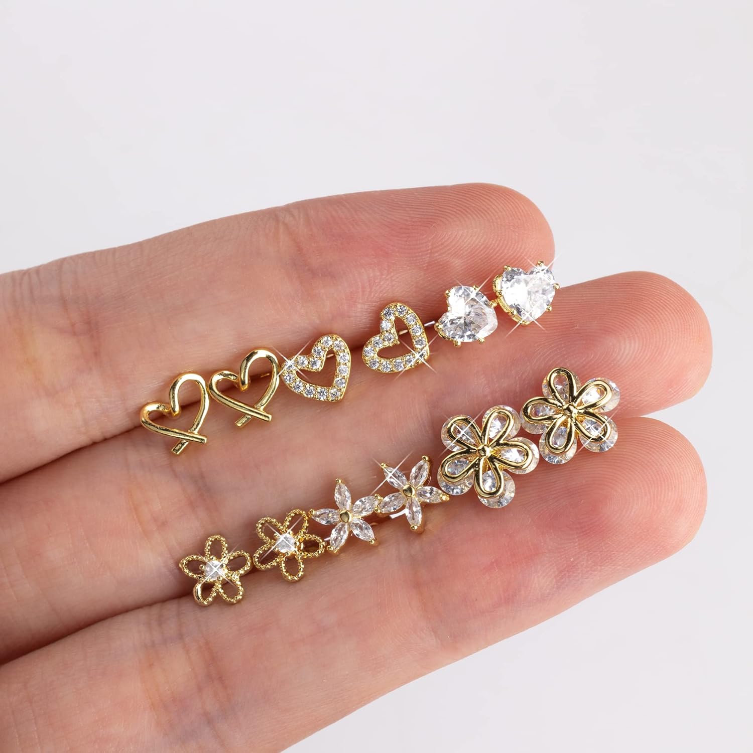 ALEXCRAFT Small Gold Stud Earrings - 6 Pairs Cute Heart Studs for Women - Cubic Zirconia - Hypoallergenic - Pack - Image 5
