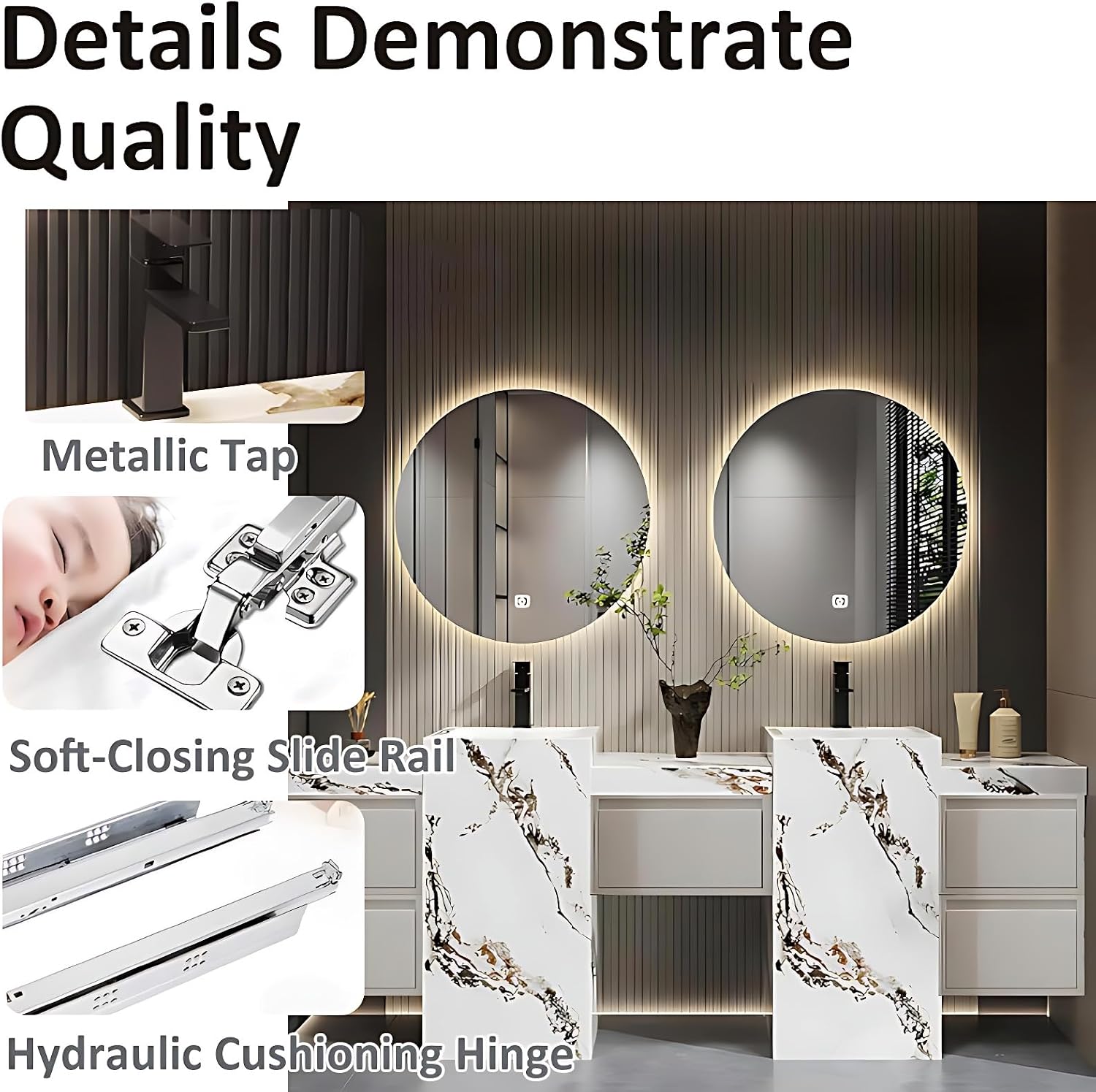 Double Sink Bathroom Vanity - One-Key Defogging & LED Lights Smart 2 Mirror | Wall Mounted Bathroom Cabinet, 90.55 in