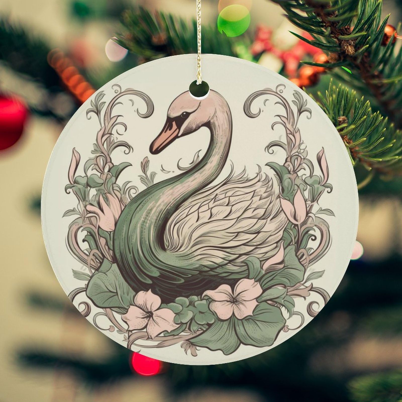 Swan on Leaves Christmas Ornament for Christmas Tree Ceramic Round Ornament Winter Holiday Keepsake Gift 2.7" Christmas Tree Hanging Decorations Circle Ceramic Pendant Xmas Gift