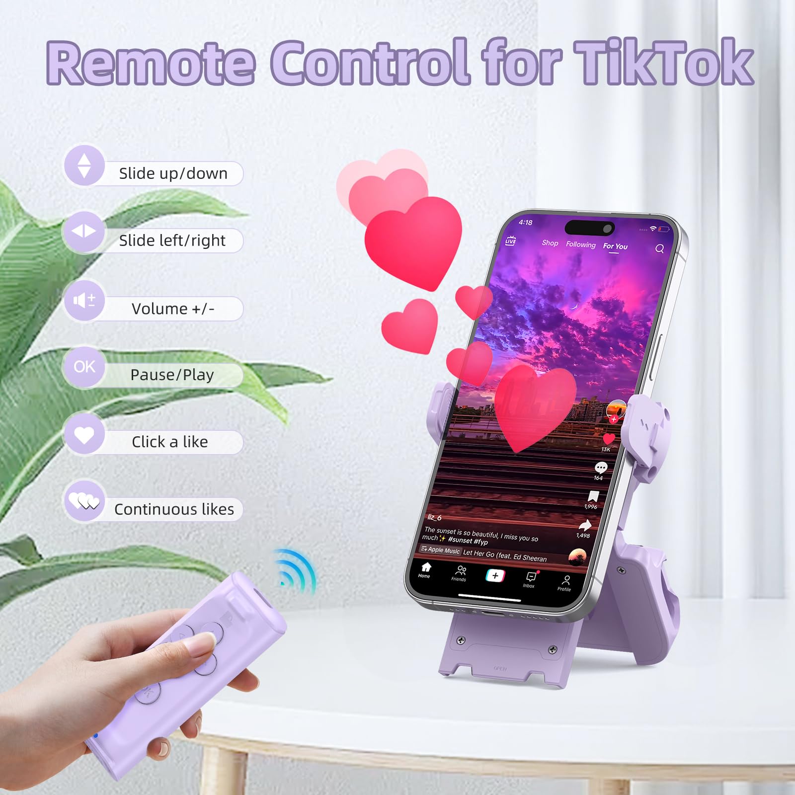 MILOUZ Remote Control Scrolling for Tiktok with Phone Stand,Page Turner for Kindle App E-Book,Bluetooth Camera Shutter Remote for iPhone, Android,iOS,iPad,Tablet