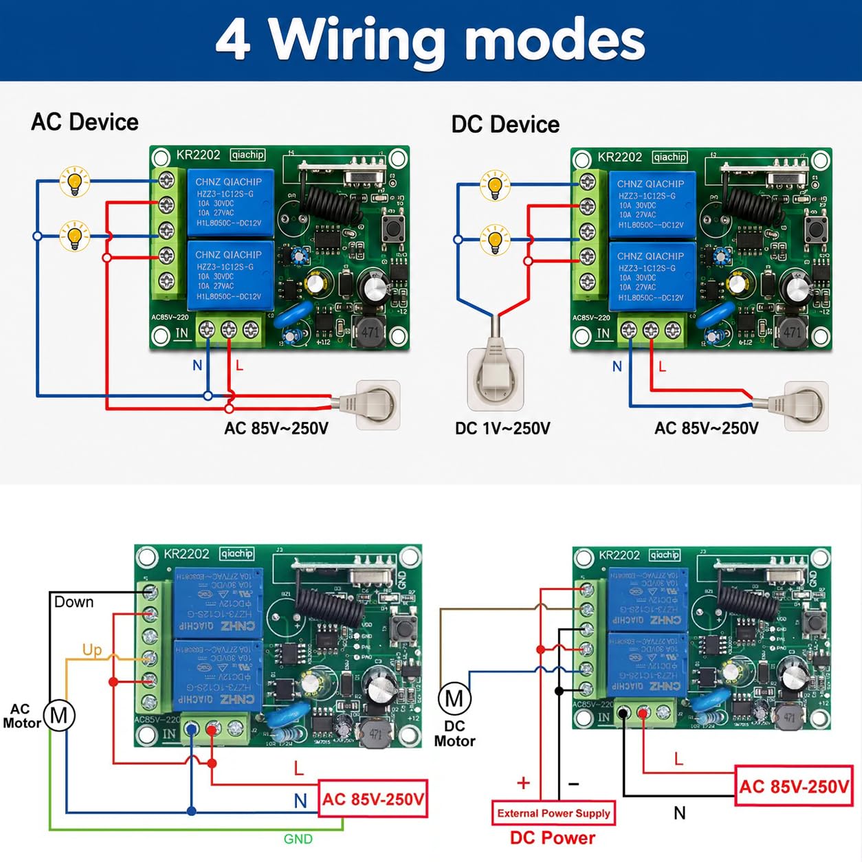 QIACHIP Commutateur de télécommande sans fil récepteur Contacts sec relais avec 4 émetteurs 433Mhz rf 2 canaux AC 220V 230V pour moteur, lumière, porte de portail, contrôleur de bricolage