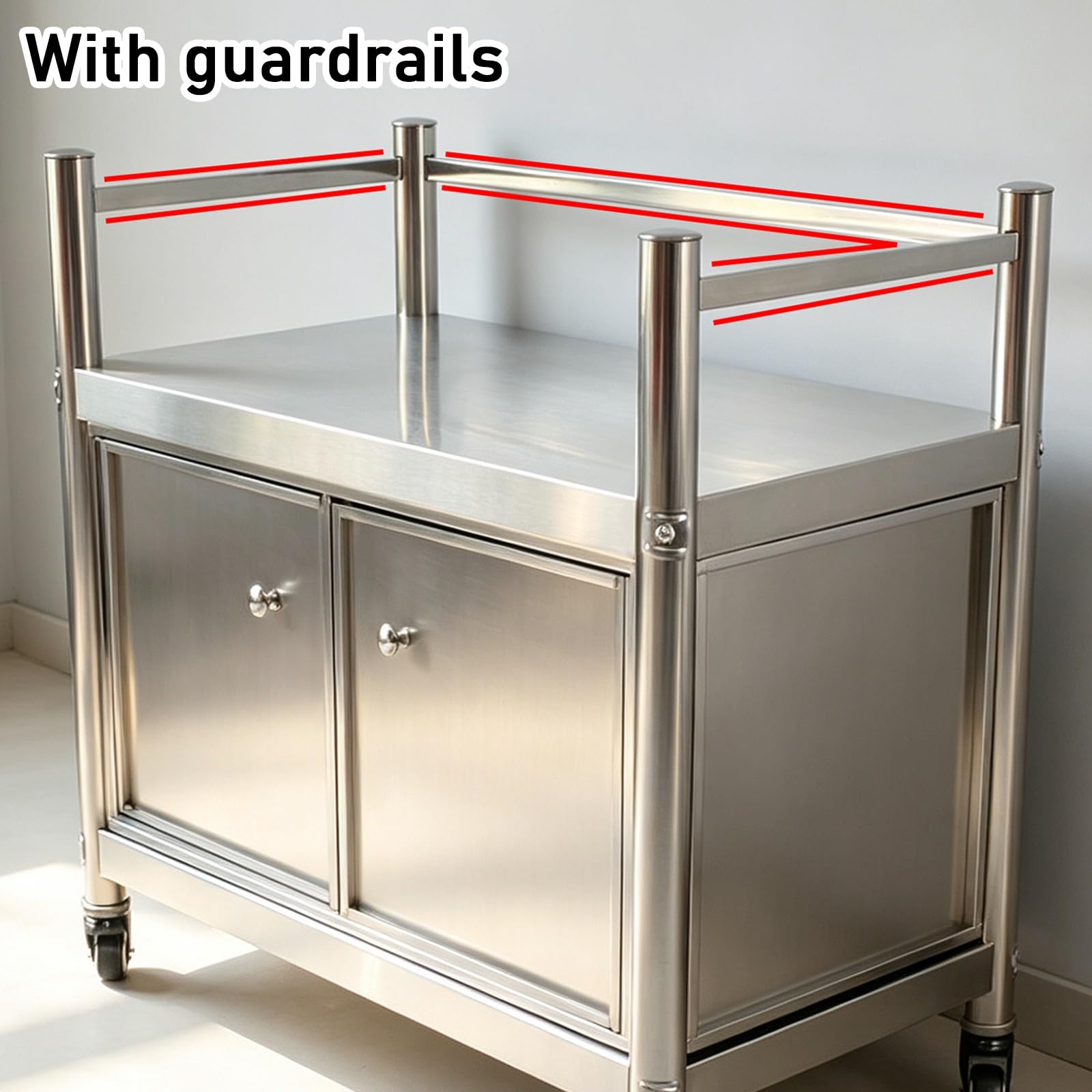 Tavolo da Lavoro in Acciaio Inossidabile Tavolo da Cucina Professionale | Con ante Armadio Guide di Sicurezza Bordi Arrotondati Struttura Avvitata Ampio Spazio di Archiviazione Piano di Lavoro