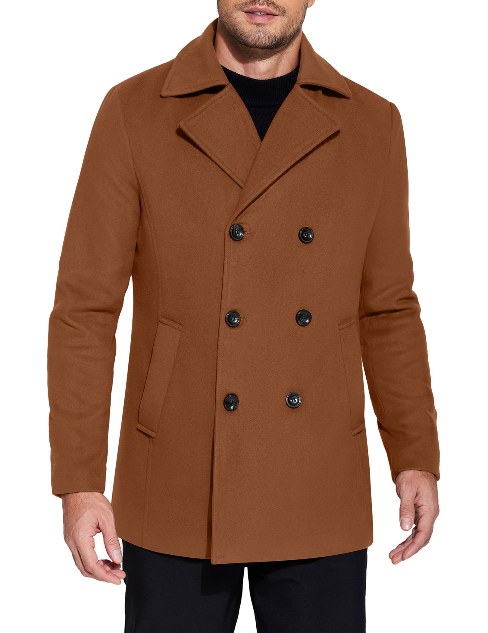 Men's Double Breasted Pea Coat Winter Overcoat Short Trench Coat Notched Collar