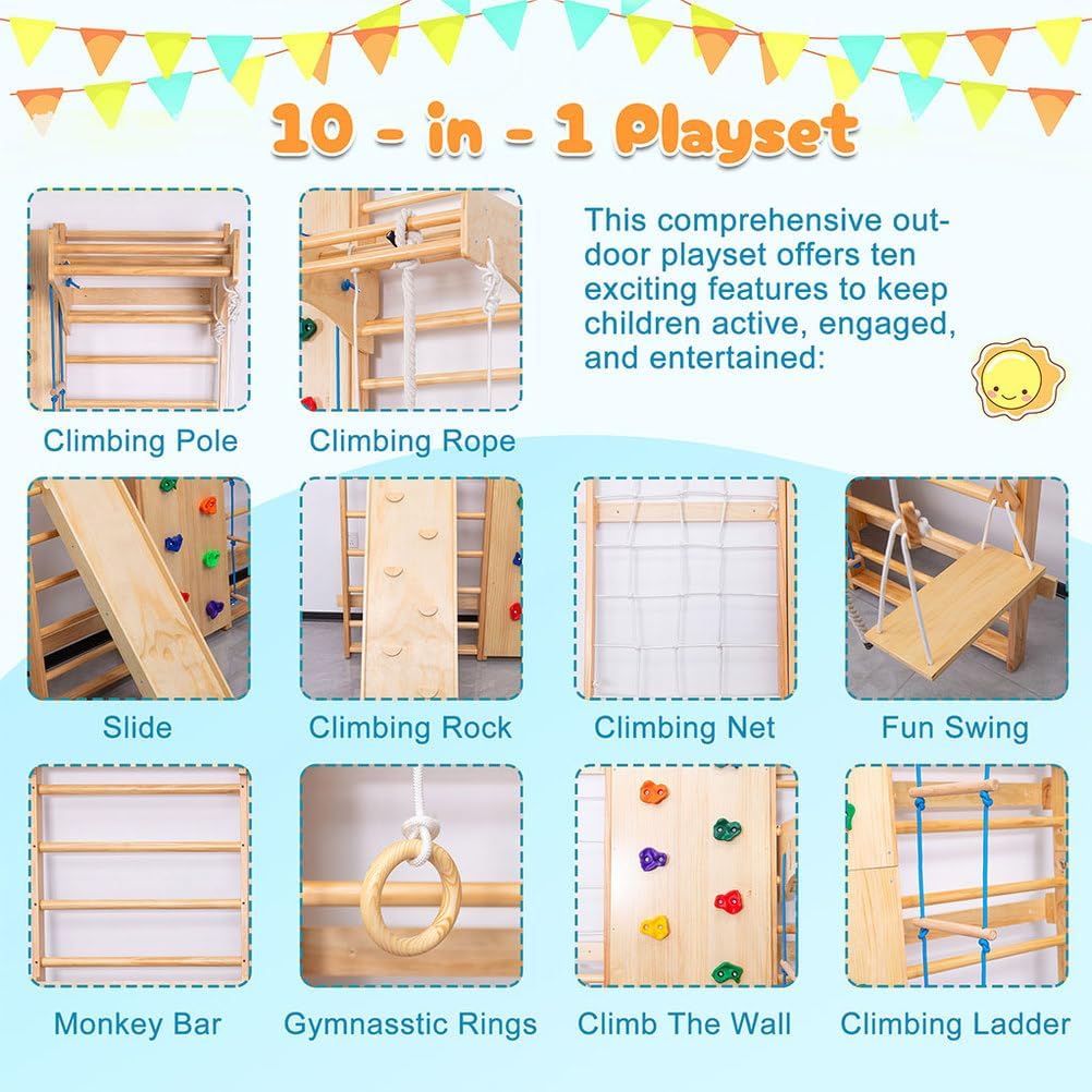 10-in-1 Swedish Ladder Wall Gym Set, Wooden Indoor Climbing Frame for Kids and Adults with Slide, Swing, Rock Climbing Wall, Gymnastic Rings, Rope Ladder, and Pull-Up Bar, Home Playground