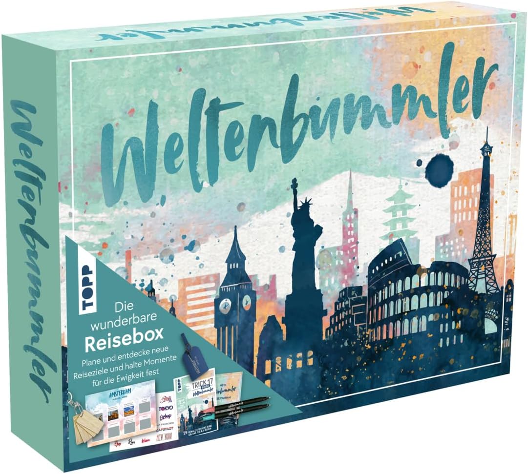 Wonderful travel box globetrotter: book with travel tips (DIN A5, 32 pages), travel journal (DIN A5, 128 pages), 2 brush pens, 12 travel cards, 12 wooden tags, 2 transfer sticker sheets, suitcase tag