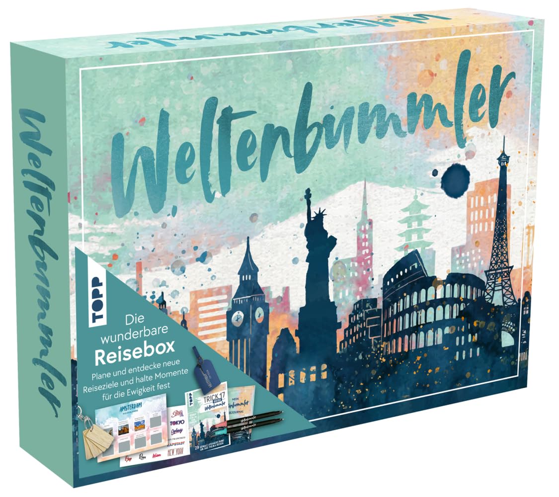 Wunderbare Reisebox Weltenbummler: Buch mit Reisetipps (DIN A5, 32 Seite), Reise Journal (DIN A5, 128 Seiten), 2 Brush Pens, 12 Reisekarten, 12 Holz-Anhänger, 2 Transfersticker-Bogen, Kofferanhänger