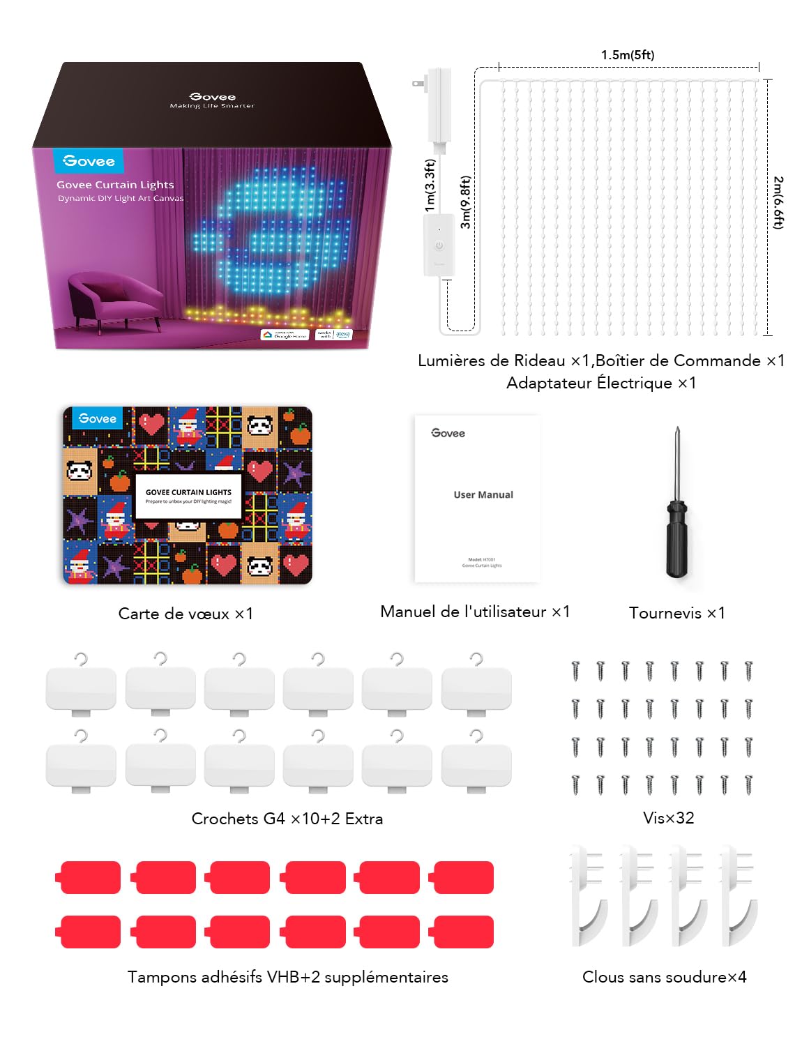Govee Curtain Lights 3x2m, Rideau LED Intelligent, 1040 LEDs, IP65 | Compatible avec Alexa, GIF DIY, Étanche IP65, Décoration de Noël, Contrôle par App, Couleurs RGBIC