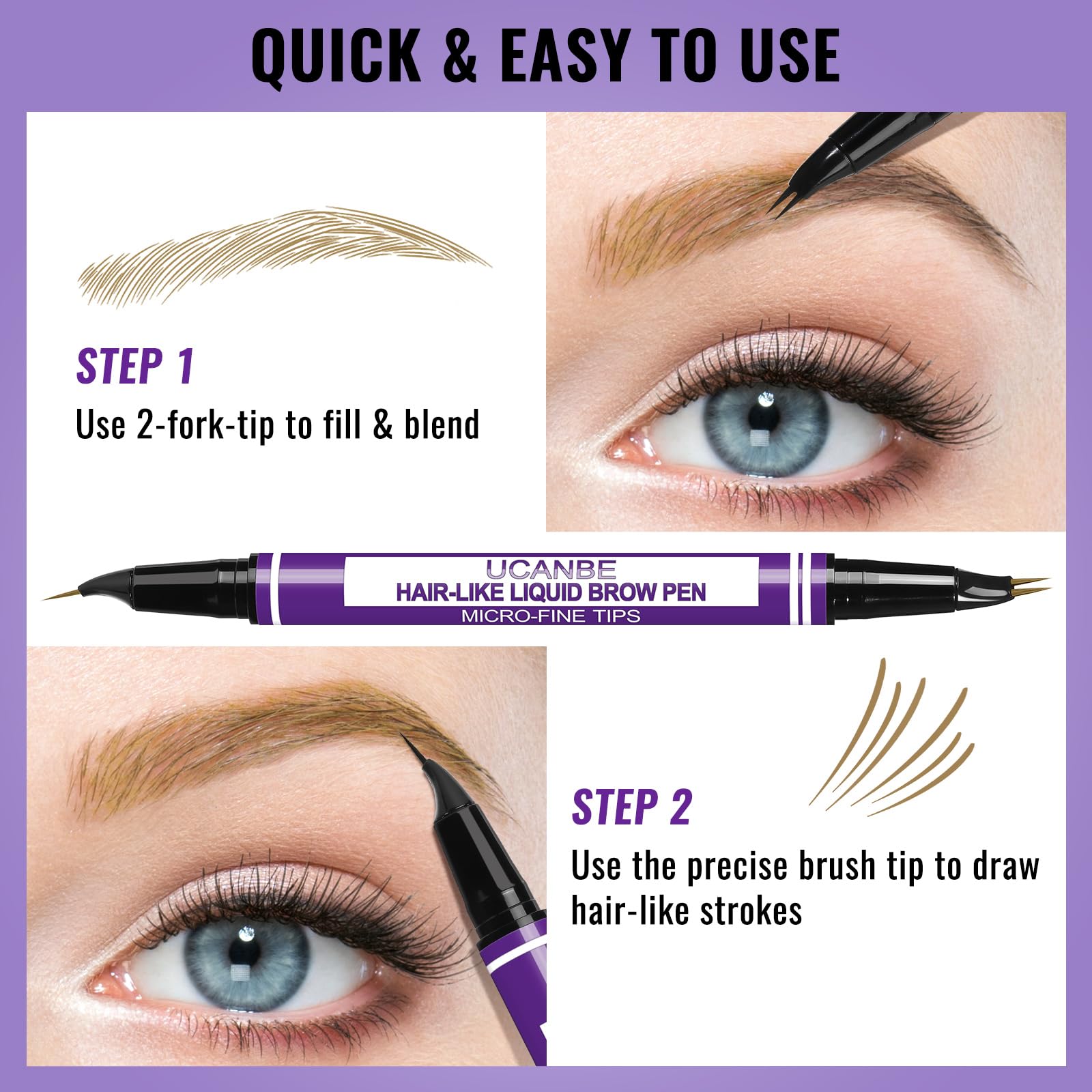 UCANBE Crayon Sourcils 2-en-1 Effet Microblading - Waterproof & Longue Tenue 24H - Stylo Sourcils Double Embout pour Tracé Poil à Poil Naturel - Pointe Fourchette Précise (Brun clair)