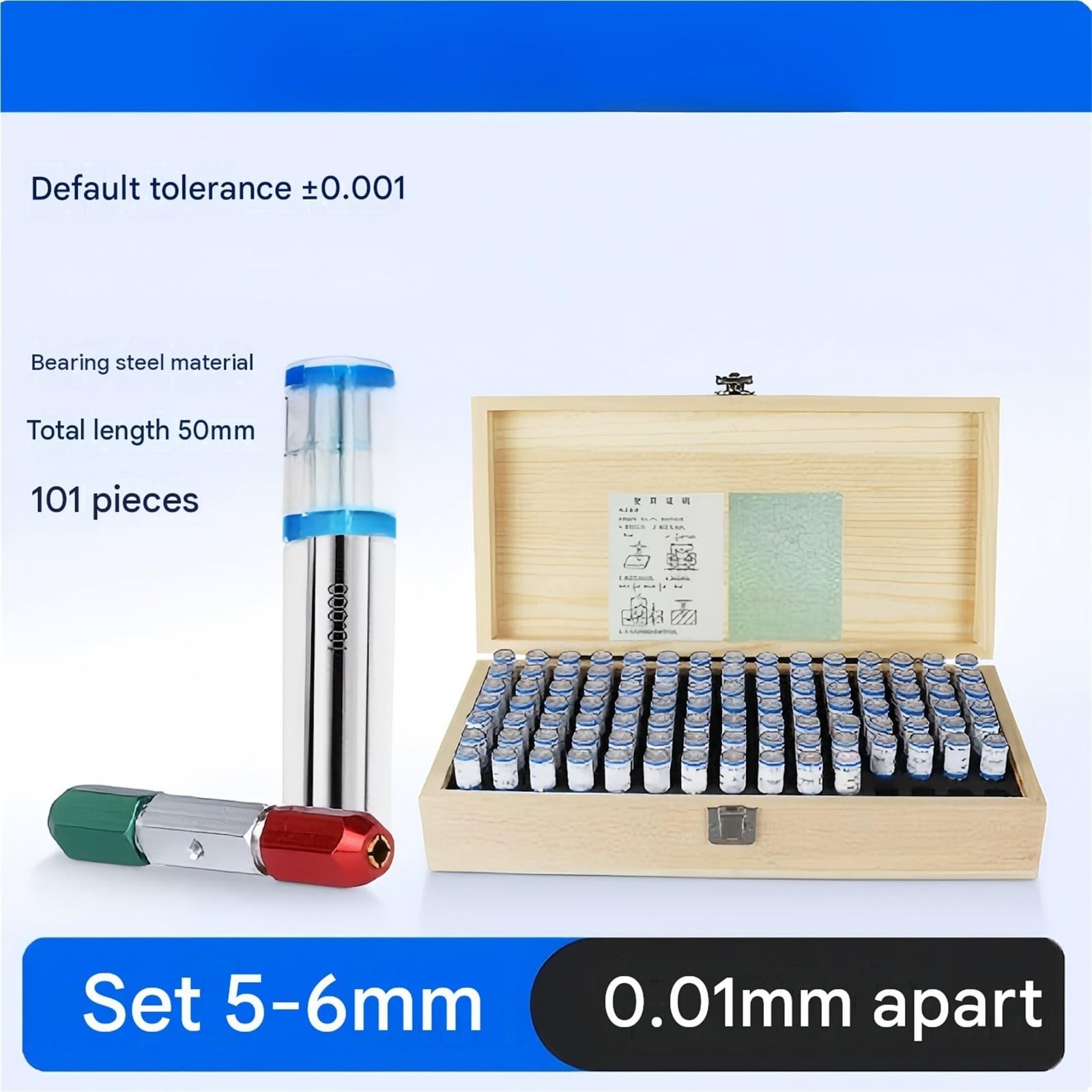 Set di calibri for perni da 101pezzi intervallo 5-6mm incremento 0,01mm