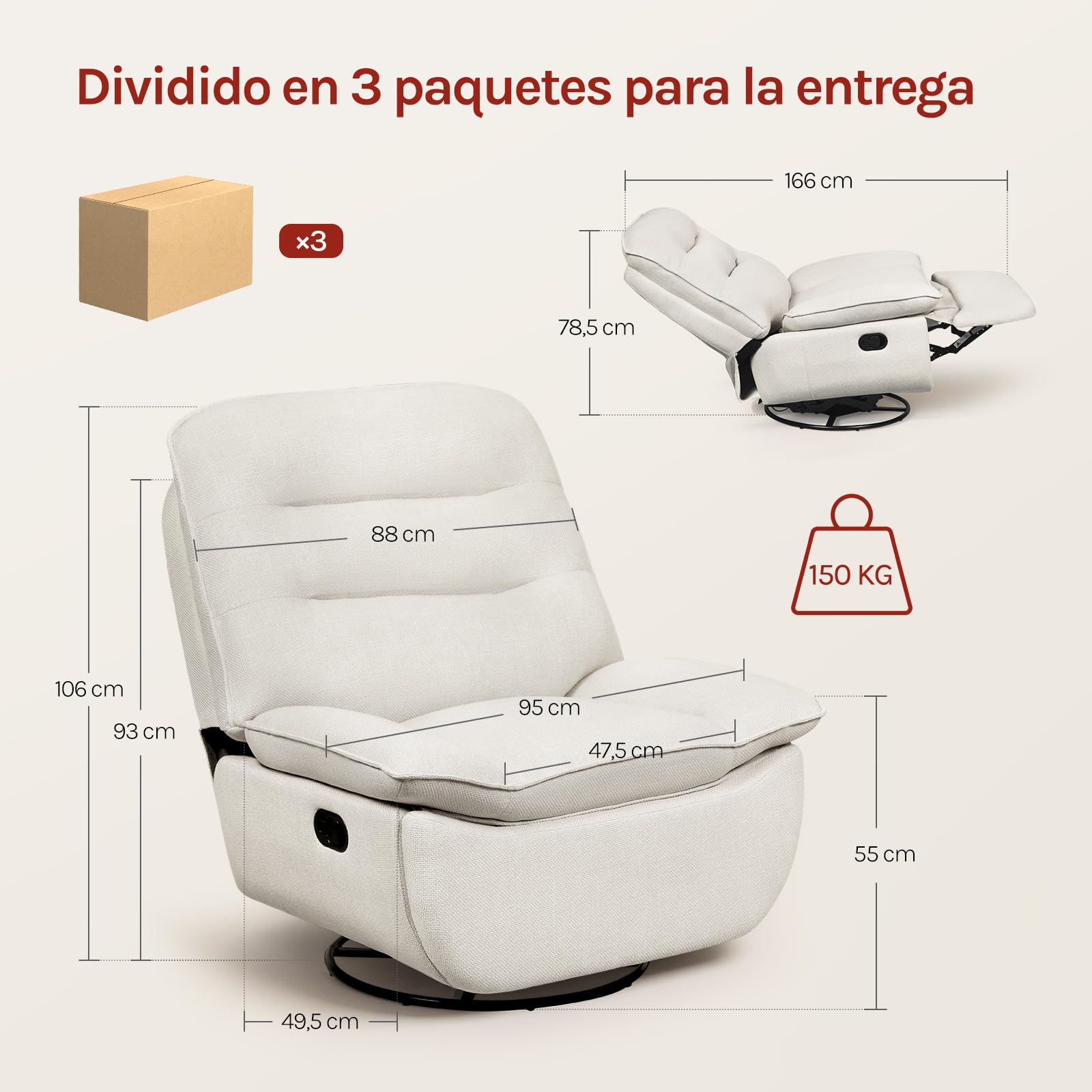 WOLTU Sillón Reclinable con Reposapiés, 360° y Asiento 95 cm, Beige | Sillón Relax con Giratorio, Sofa Individual, con Almacenamieinto Lateral, Estructura Metálica, Tapizado en Lino Sintético