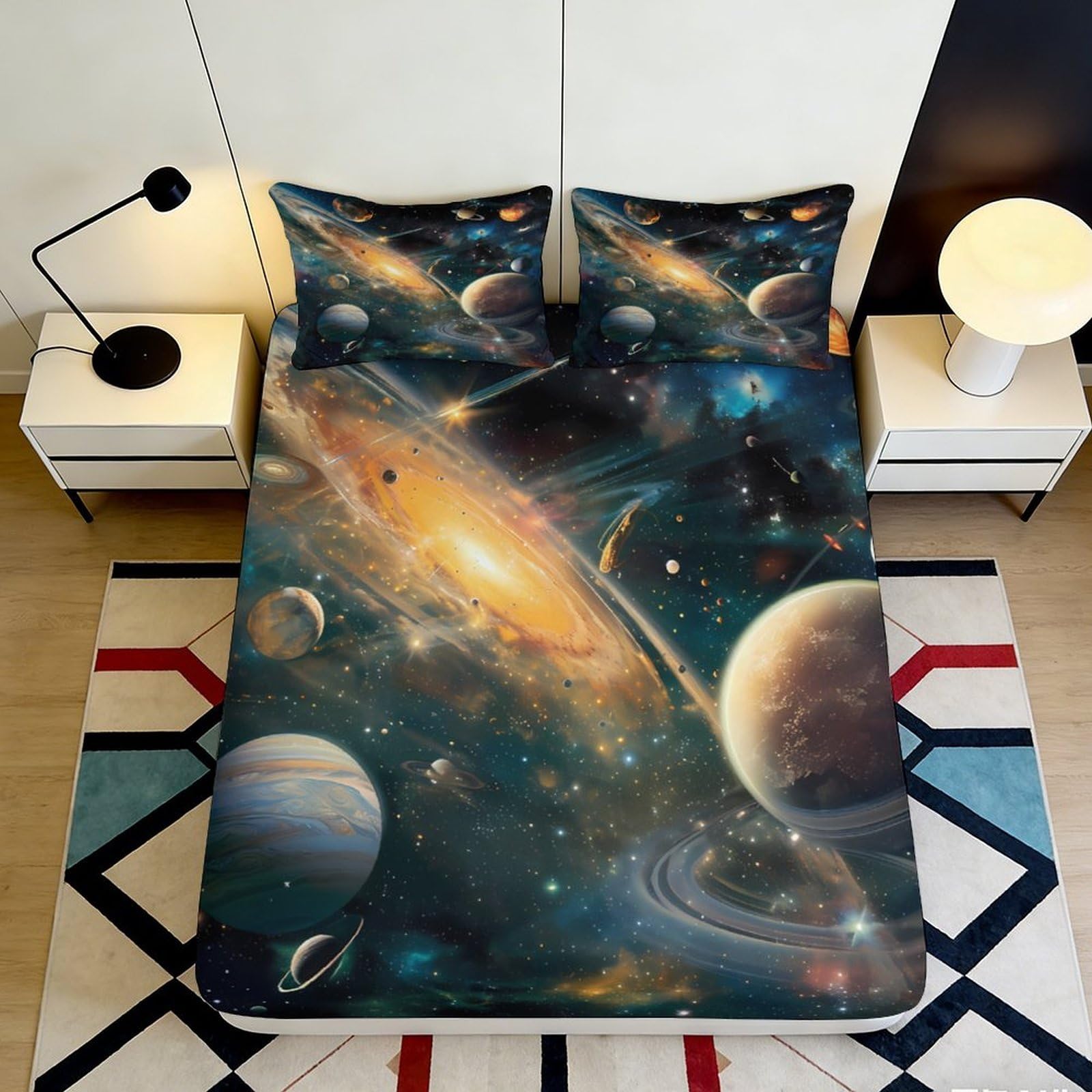 3D Printed Galaxy Fitted Sheet Microfiber Deep Pocket Bedroom Bedding Astronaut Mattress Fitted Cover Non-Slip Washable for All Ages 200x200x25cm 90x200x25cm