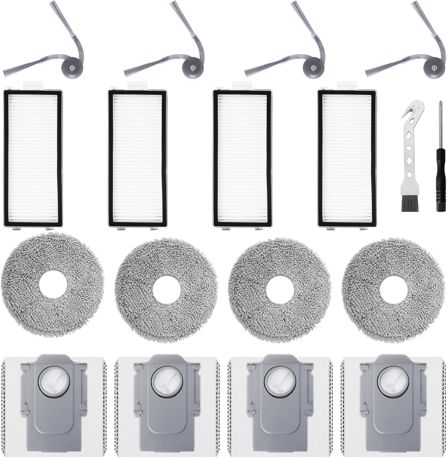 Accessories Kit for roborock Saros Z70 Robot Vacuum Cleaner, 4 HEPA Filters, 4 Mop Pads, 4 Side Brushes, 4 Dust Bags, 1 Cleaning Brush, 1 Screwdriver