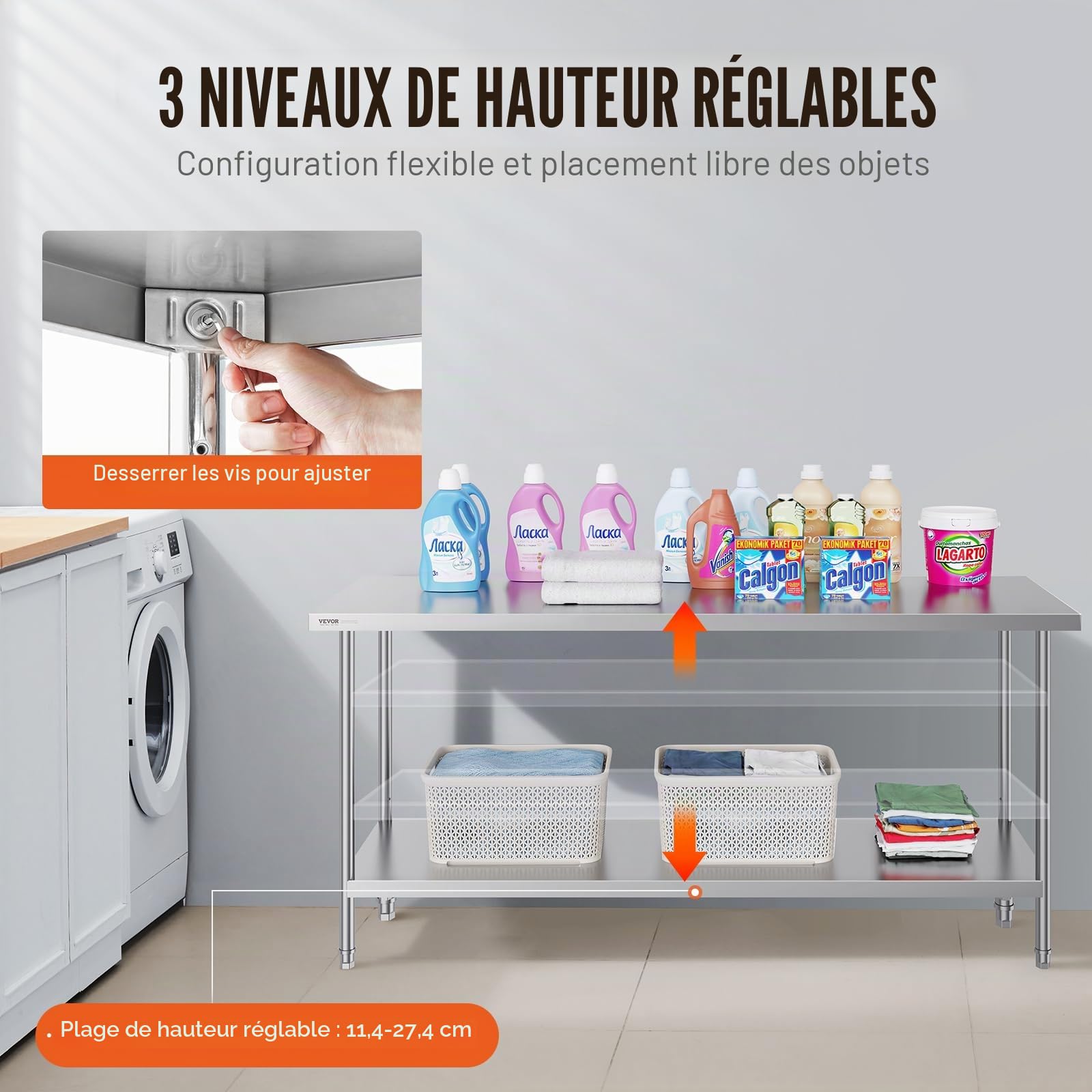VEVOR Table de Travail en Acier Inoxydable 61x182,9x86,4 cm, Table de Préparation des Aliments Charge 399 kg, 3 Niveaux de Hauteur Réglables, Meuble de Rangement des Aliments, pour Cuisine Restaurant