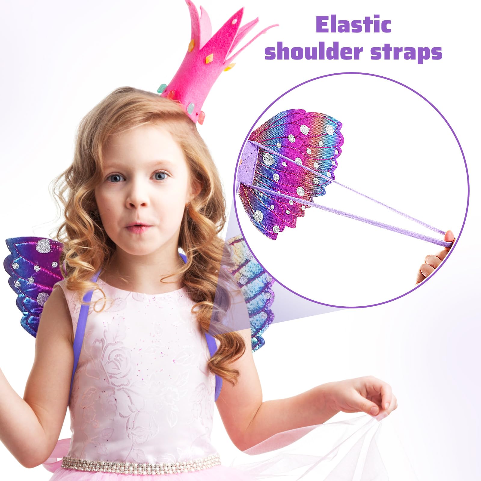 JOINPAYA 3pcs Fairy Wings Costume Kids: 15.33X12.18X0.51in Butterfly Wings Fairy Wand Tutu Skirt Wand Set Costume for Girls Halloween Christmas Dressing Up Cosplay - Image 4