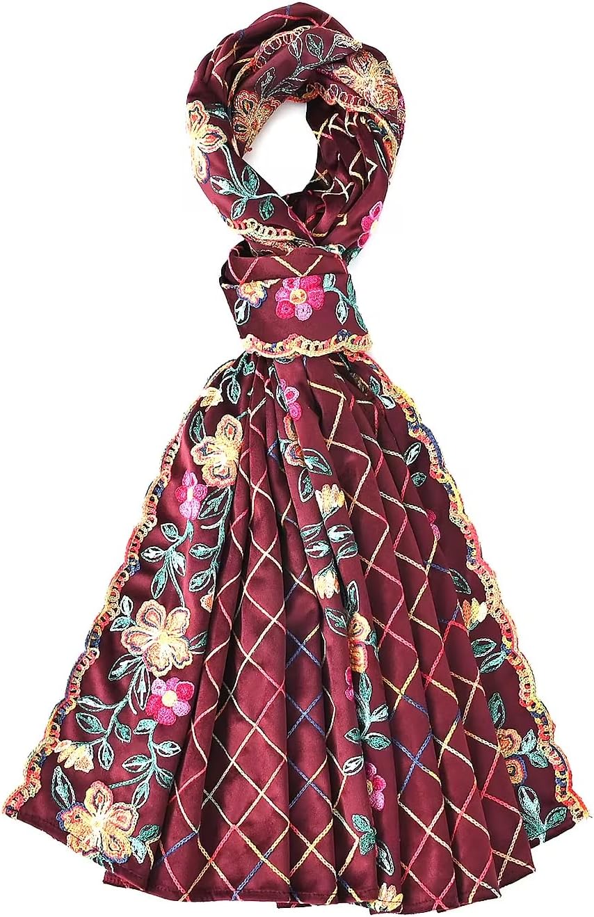 Burgundy Floral Embroidered Polyester Scarf - One Size