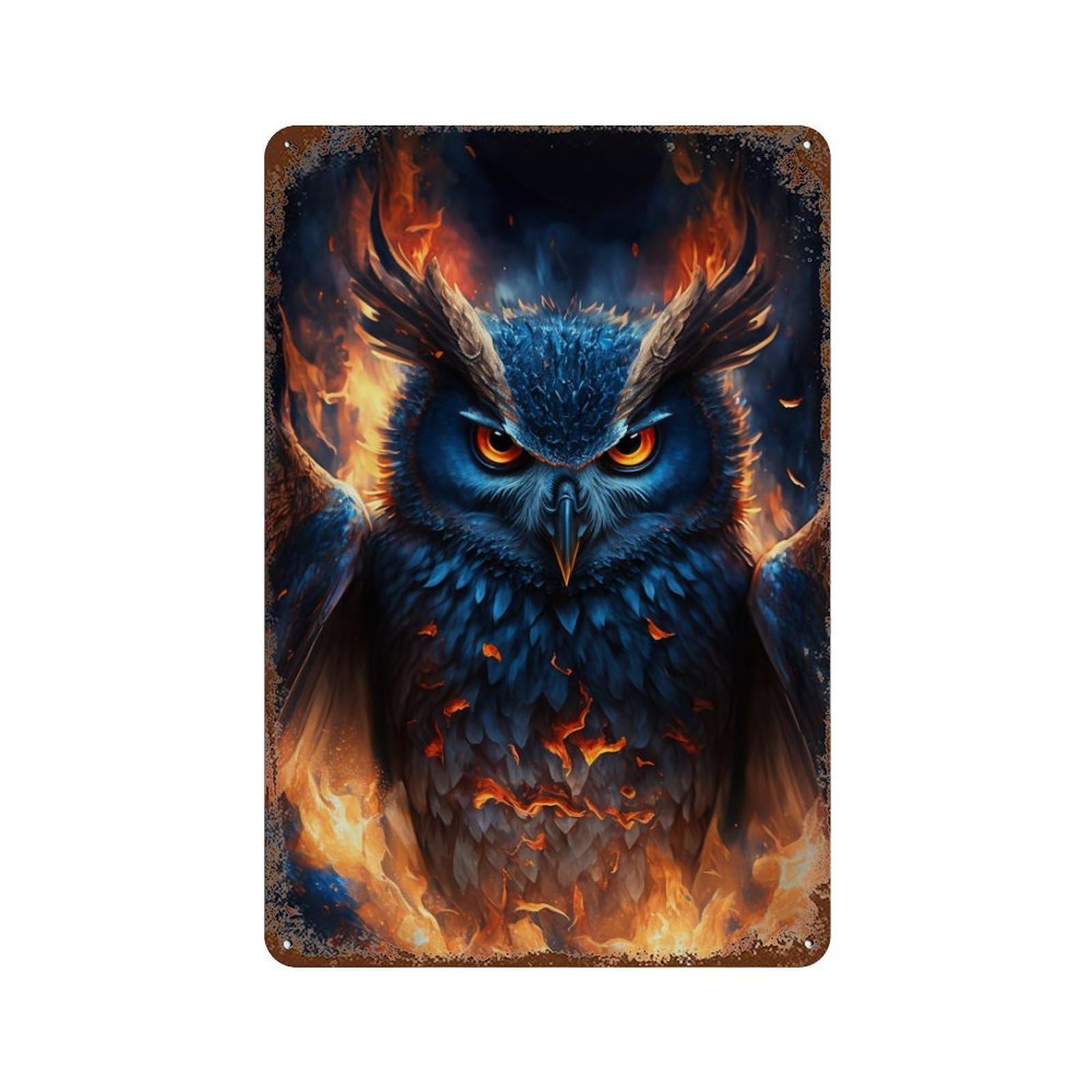 Garage Style Flaming Owl Artwork Distressed Metal Wall Sign 11.8"x7.9", Rustic Home Decor for Bar And Workshop