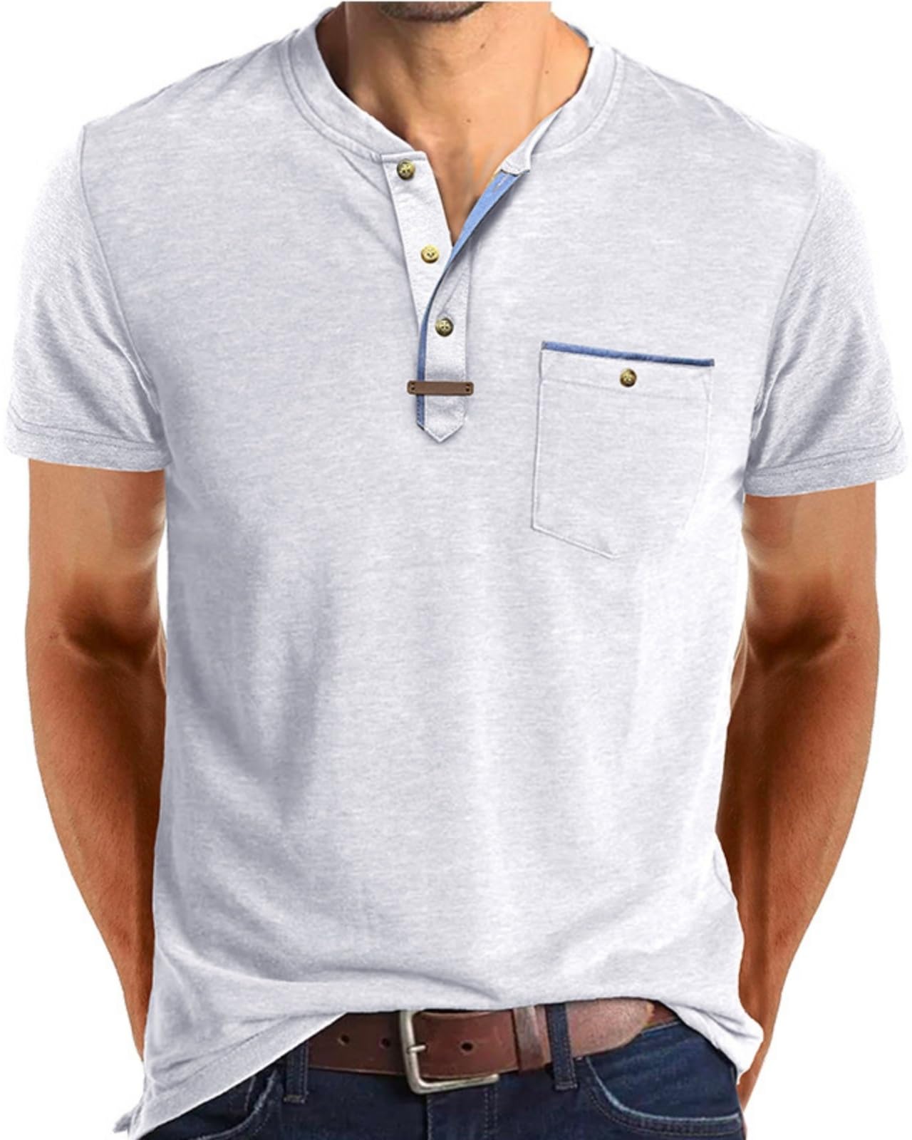LAOARA Herren T Shirt Henley Sommer Kurzarm Knopfleiste V Ausschnitt Shirt Beiläufig mit Tasche