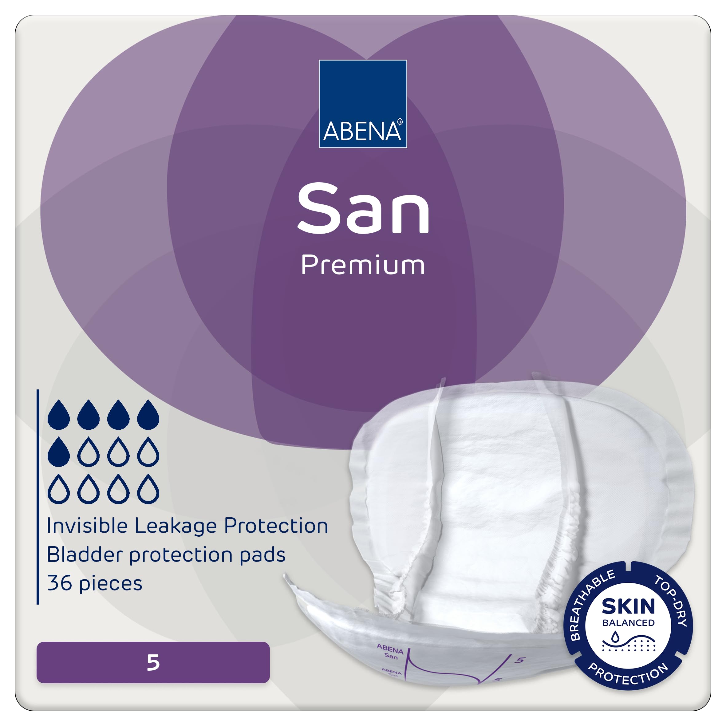 ABENA San Premium Mens & Womens Incontinence Pads, Breathable & Comfortable, Fast Absorption, Discreet & Effective Shaped - Premium 5, 1200ml Absorbency, 36PK