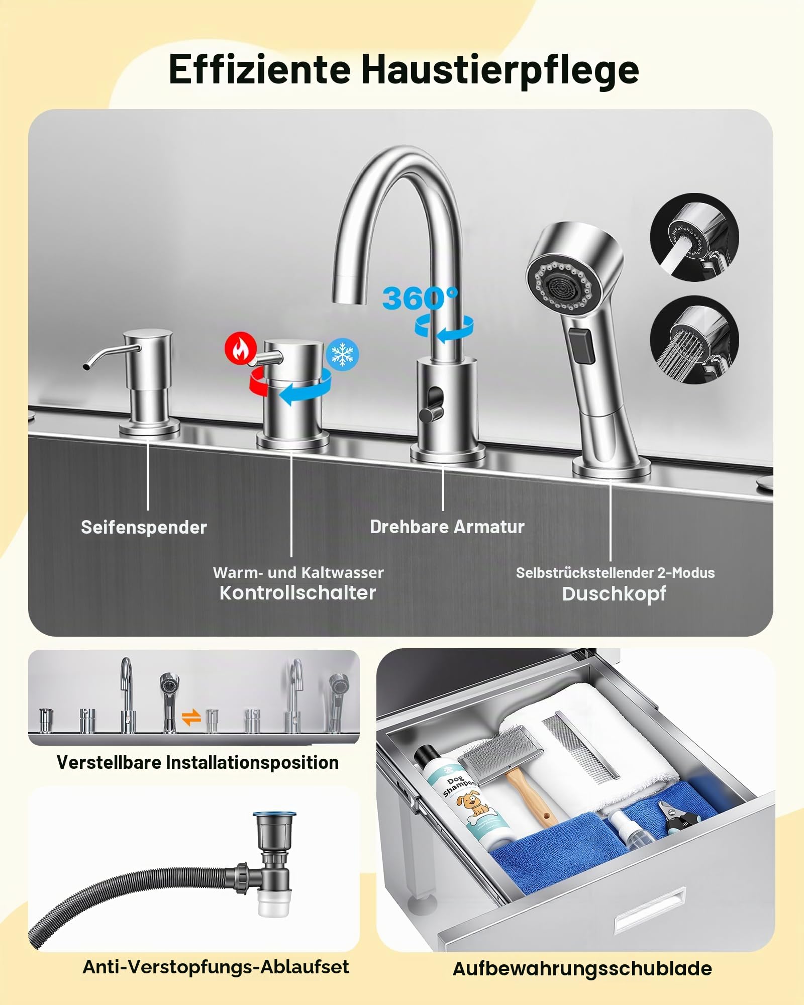 VEVOR Hundewaschstation aus Edelstahl, 1275x795x1435 mm Tierpflegewanne mit Rampe, Wasserhahn, Duschkopf, Hundebadewanne mit Leine für große, mittelgroße und kleine Haustiere (rechte Tür)