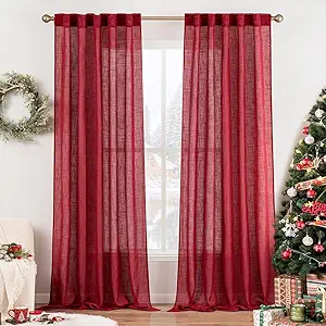 MIULEE Burgundy Red Linen Curtains 90 Inch Long for Bedroom Living Room, Soft Thick Linen Textured Window Drapes Semi Sheer Light Filtering Rod Pocket Back Tab Christmas Burlap Look, 2 Panels