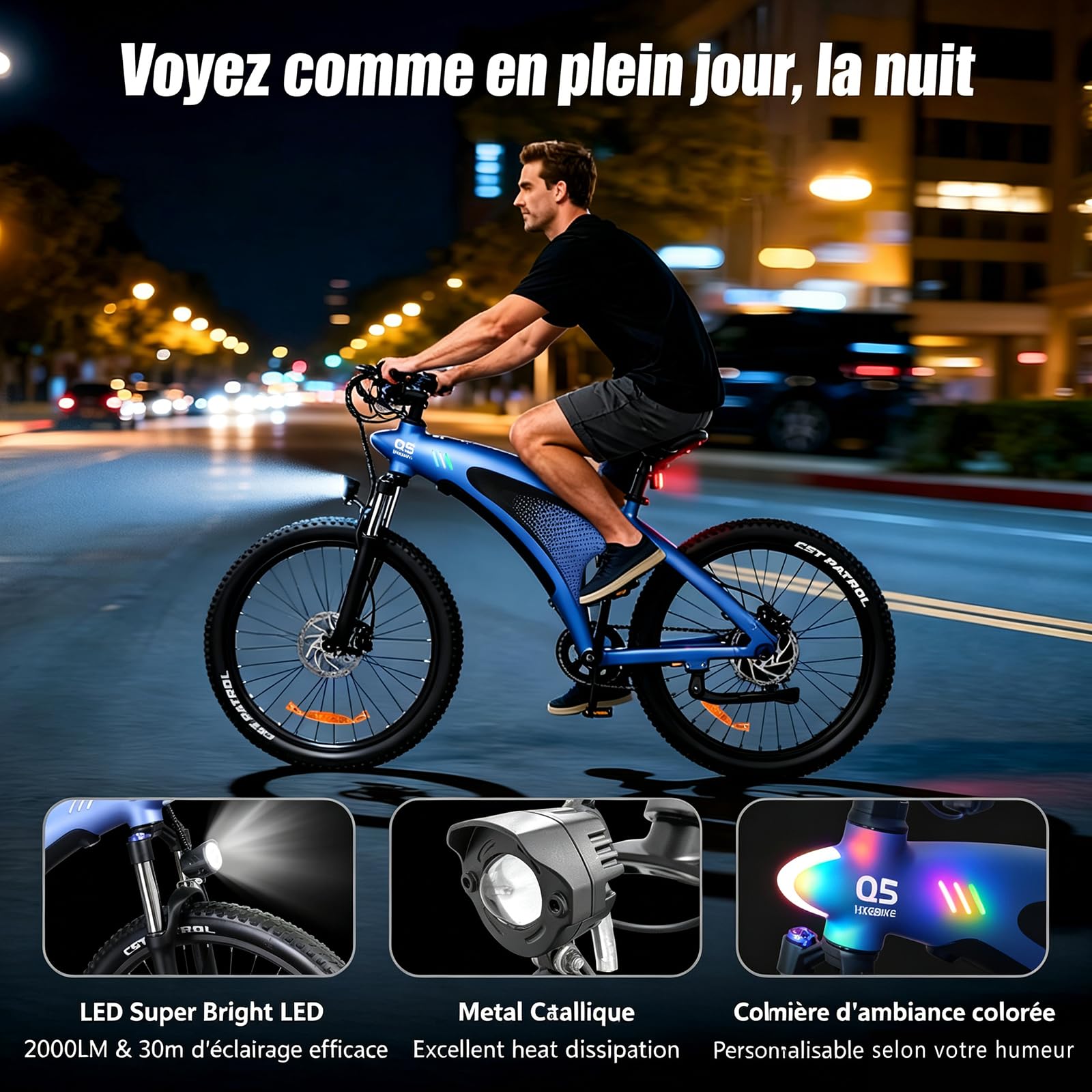 HX Q5 Shark Vélo Électrique Homme VTT Adulte,27.5" Vélo Électrique Ville,Capteur De Couple,85Nm,13/20Ah,Autonomie 60-220km Ebike,Amortissante Réglable,Freins à Disque Hydrauliques