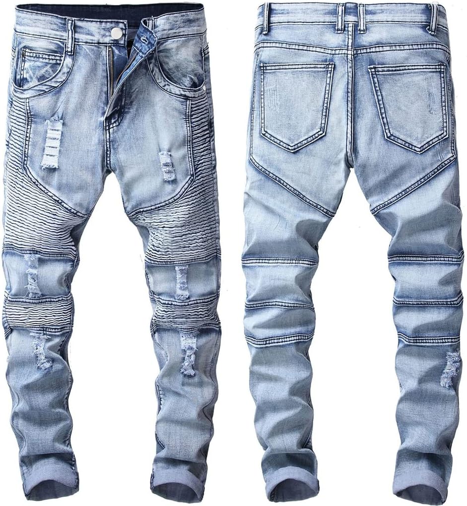 Distressed Ripped Jeans Pleated Motorcycle Pants Hole Men's Biker Denim Mens Elastic Slim