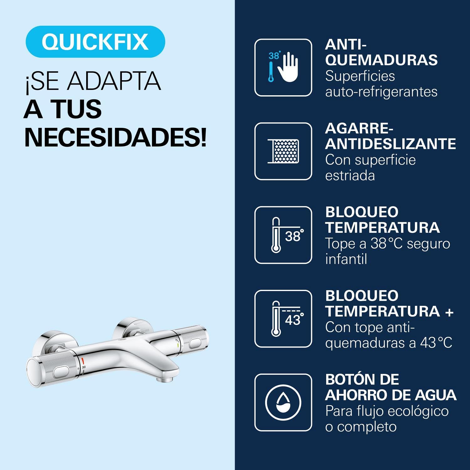 GROHE Precision Feel: Termostato bañera y ducha, ahorro agua (superficie de cuerpo frío , tope a 38°C, mandos antideslizantes, incluye herramienta 3 en 1), cromo, 34788000
