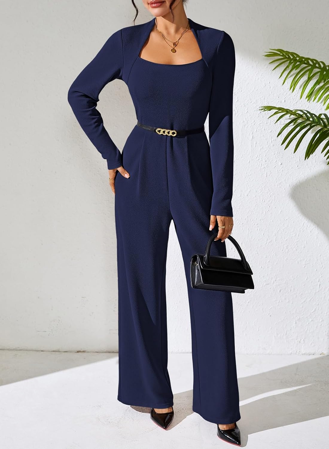 Pink Queen Jumpsuits for Women Dressy Scoop Neck Long Sleeve Wide Leg Romper One Piece Trendy Outfits - Image 5