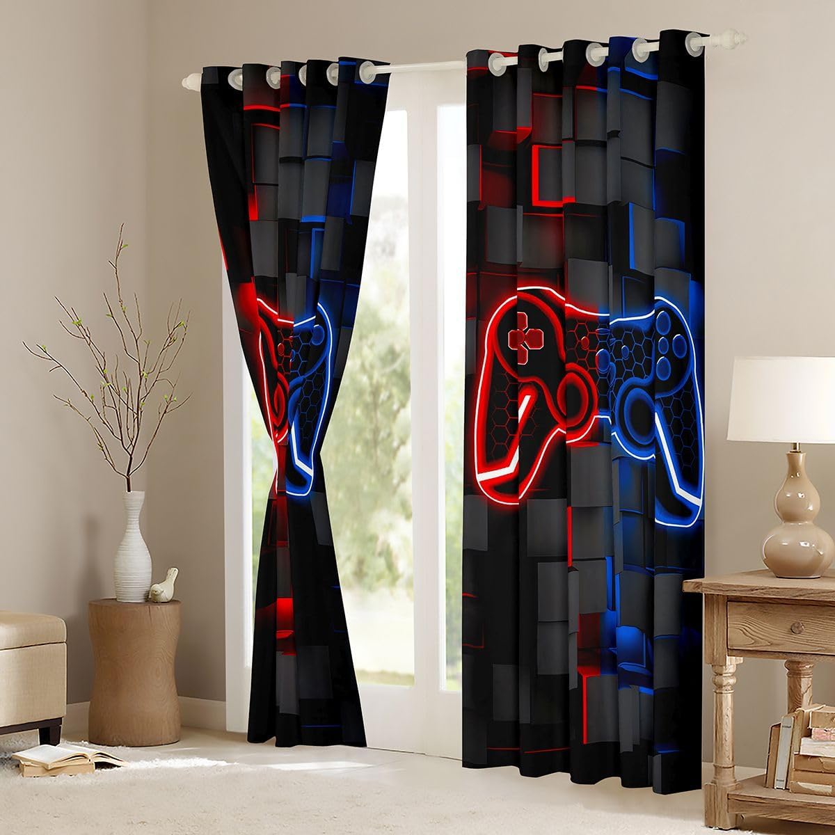 Feelyou Gamer Curtains for Bedroom Living Room Kids Boys Game Controller Blackout Curtains Gaming Gifts Darkening Drapes (2 Panels, 38 x 54 Inch) Decor Gaming Red Blue Black Window Treatments