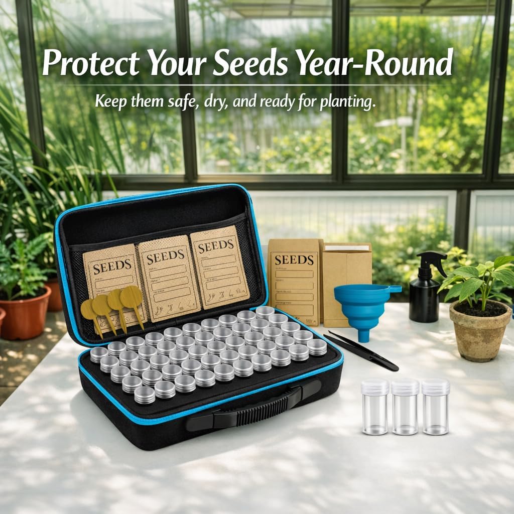 Seed Storage Organizer Box with 120 Containers, Zipper Bag, Seed Envelopes, Labels, Funnels & Tweezers – Seed Saver Storage Kit for Gardeners