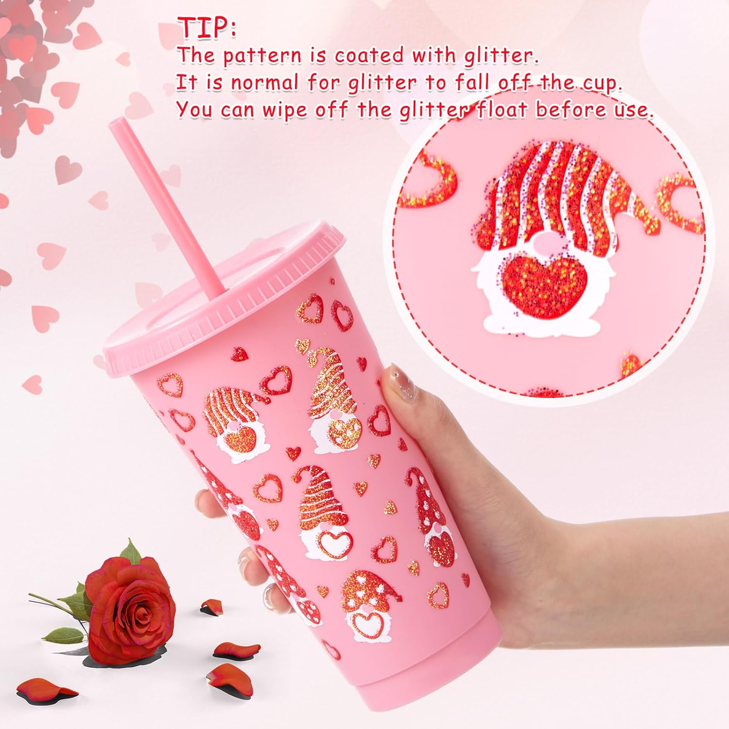 Uiifan 24 Pcs Valentine‘s Day Plastic Cup with Lid and Straw 24oz Reusable Cups for Friends Family Valentine‘s Day Gifts Party Supplies Favor(Classic)