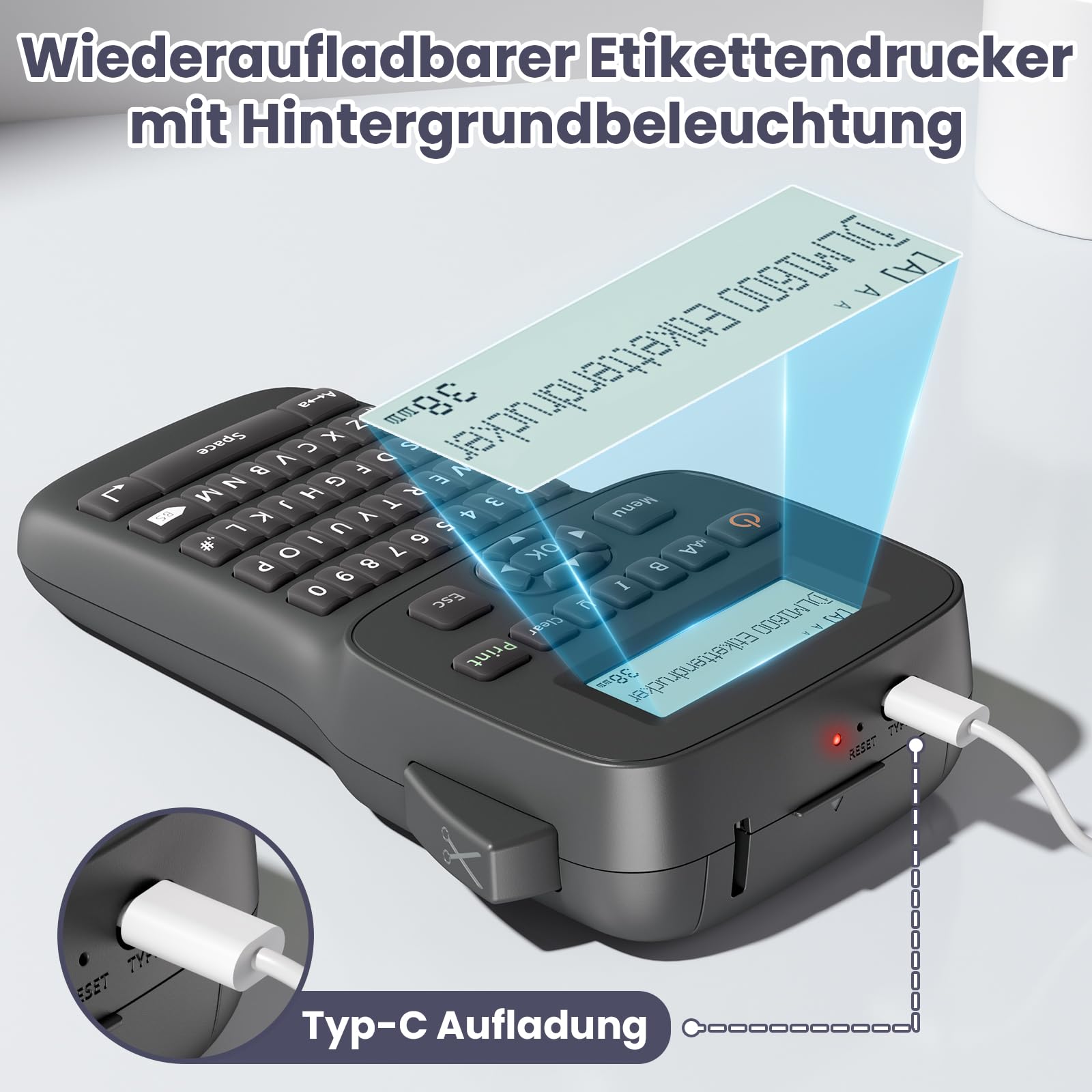Etichettatrice industriale, portatile, Bluetooth, stampante per etichette con tastiera QWERTZ, adatta per ufficio, casa e officina, LM1600