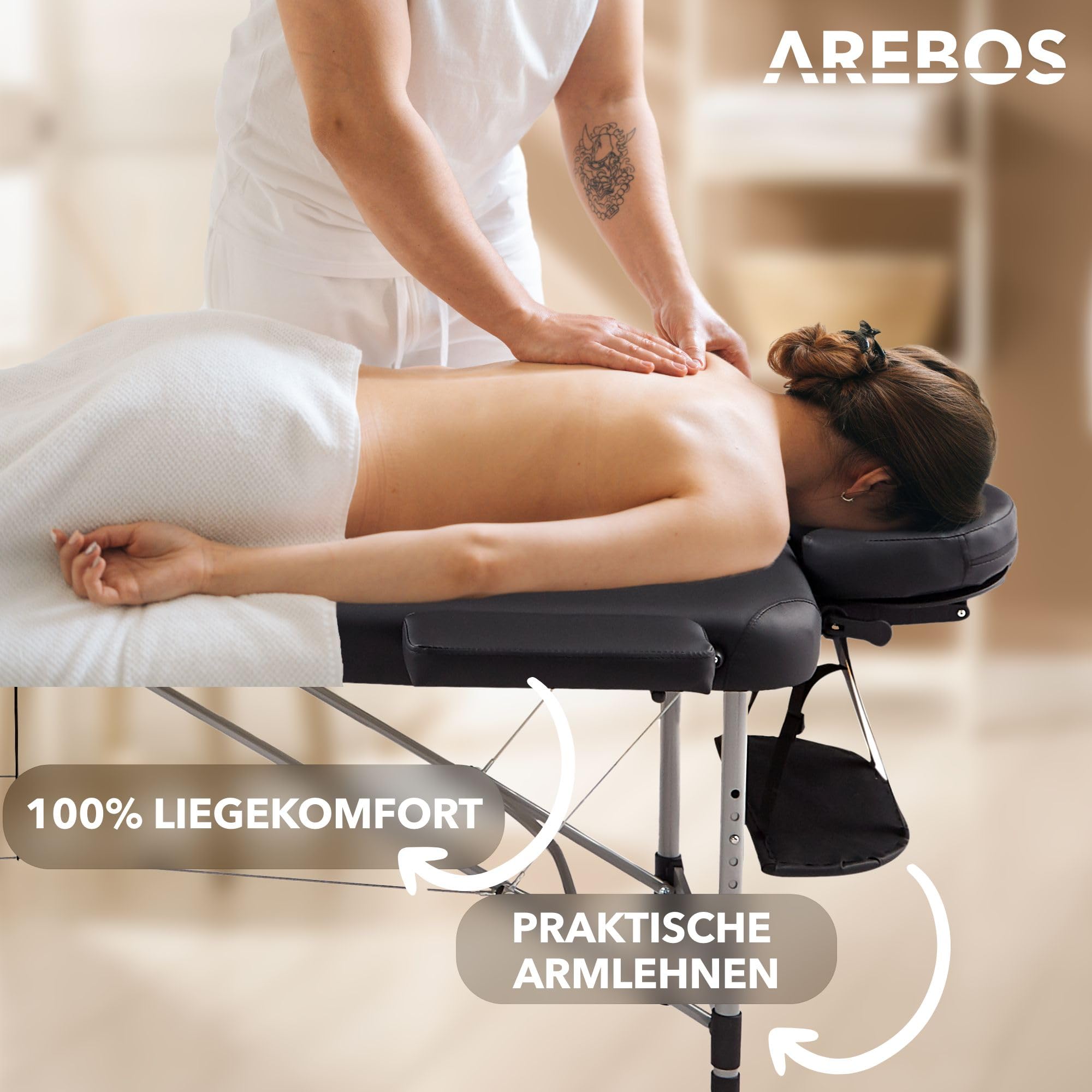 Arebos Mobile Massageliege 3 Zonen, Massagetisch, Massageliege klappbar, höhenverstellbare Aluminium Massagebett Kosmetikliege tragbar inkl. Zubehör, Kopfstütze, Armlehne und Tragetasche, Schwarz