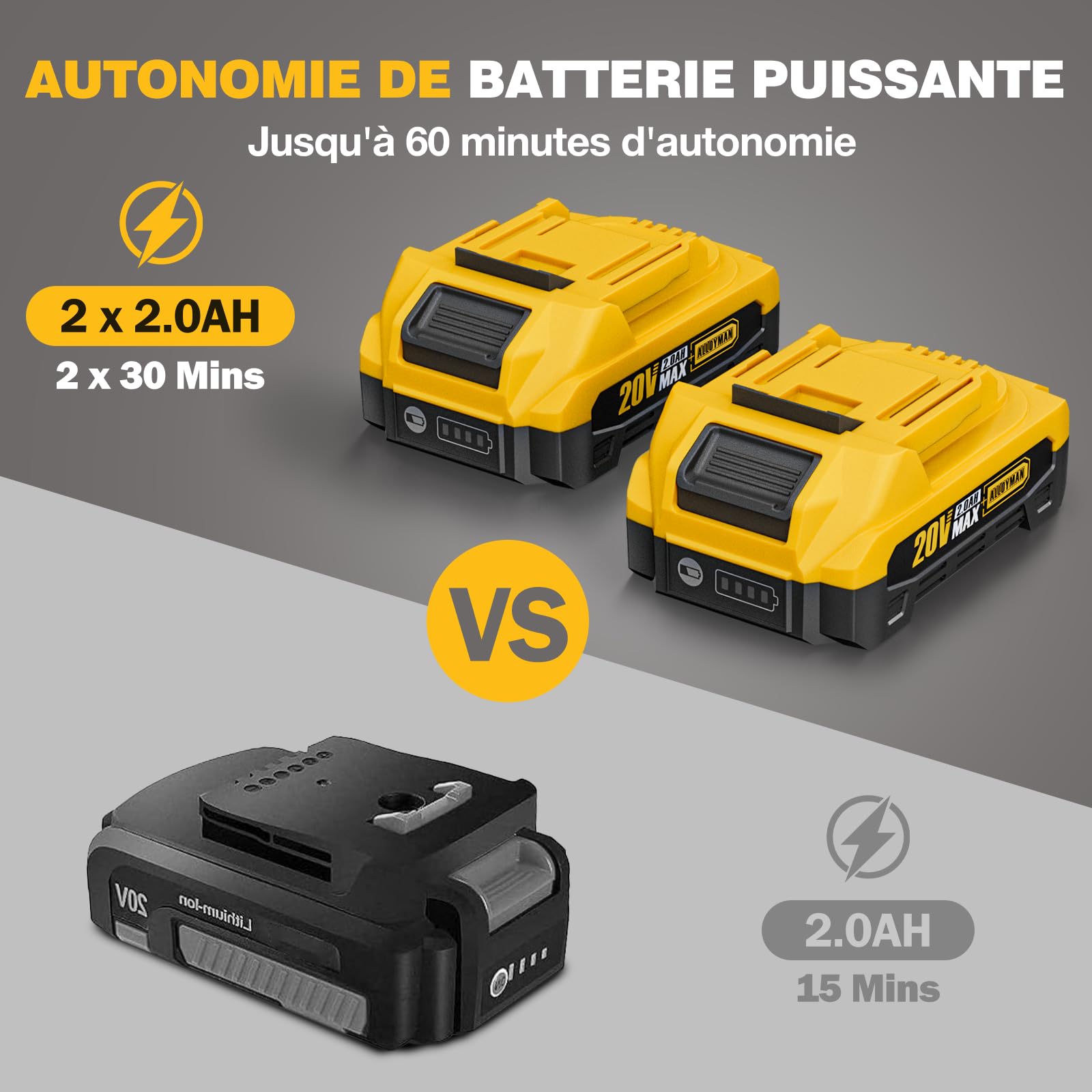 Alloyman Motobineuse sans Fil 20V Max, 360 TR/Min, Motoculteur Électrique avec 2 x 2,0 Ah Batteries et Chargeur, Largeur de Travail 23 cm, Profondeur 17 cm, pour Pelouse/Jardin/Travaux du Sol