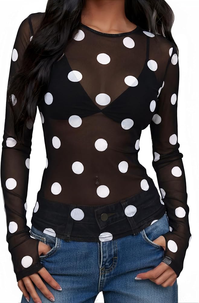 Remidoo Womens Sheer Mesh Tops Polka Dot Shirt Short Sleeve Crop