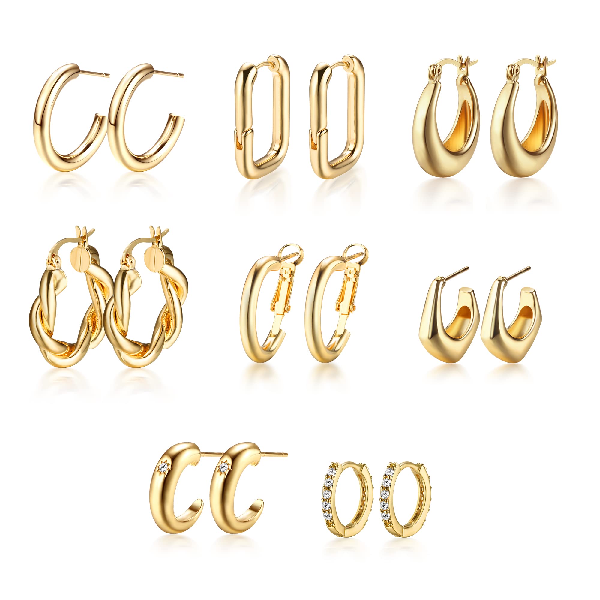 Dochais 8 Paia Orecchini a Cerchio Oro, Ipoallergenico, Chunky Gold Hoop Earrings, Intrecciati, Donna, Dorati