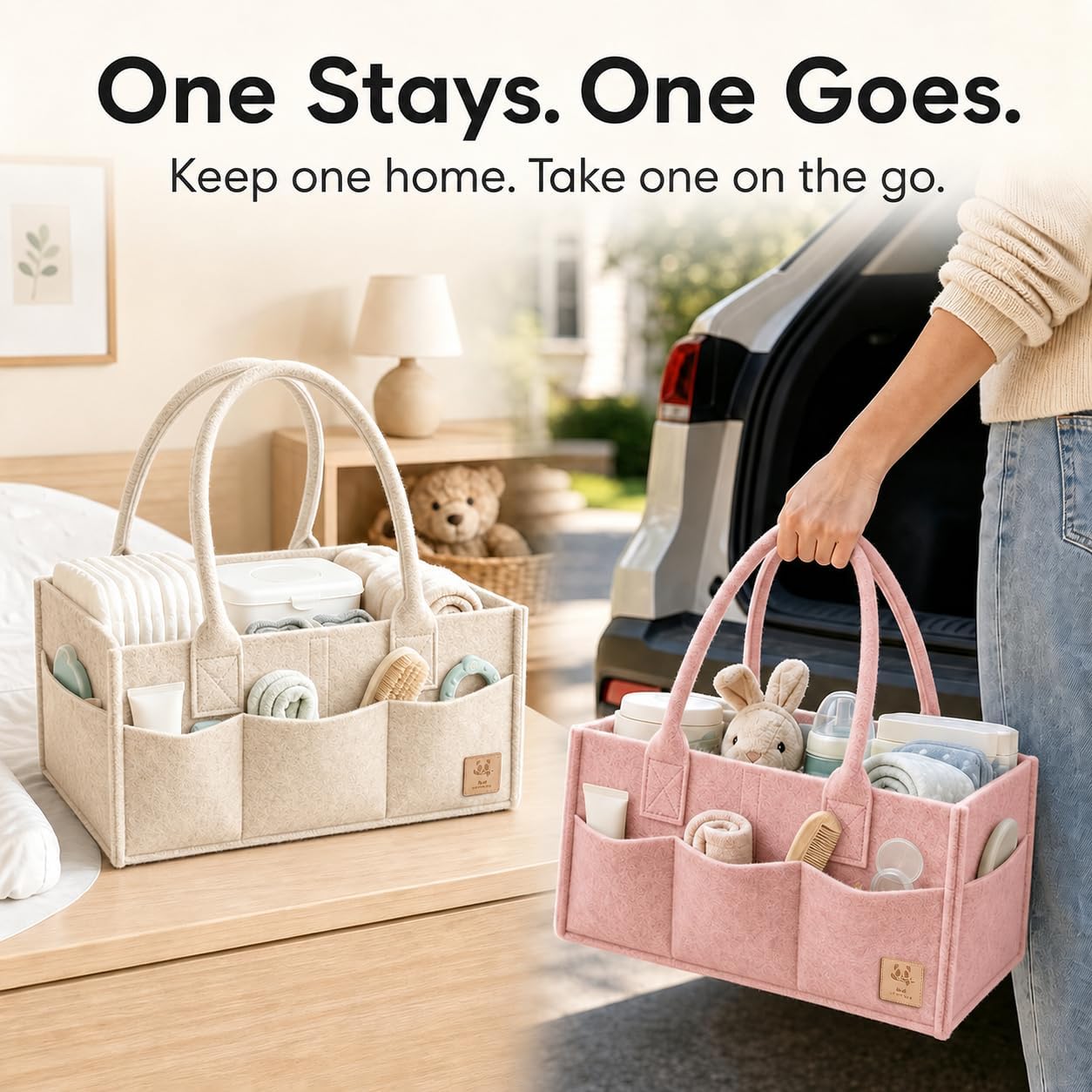  2-Pack Diaper Caddy Organizer - Nursery Storage Bin & Car Organizer for Diapers, Wipes, and Baby Essentials - Dual-Color Solid Set (Pink/Oatmeal), Large Size thumbnail