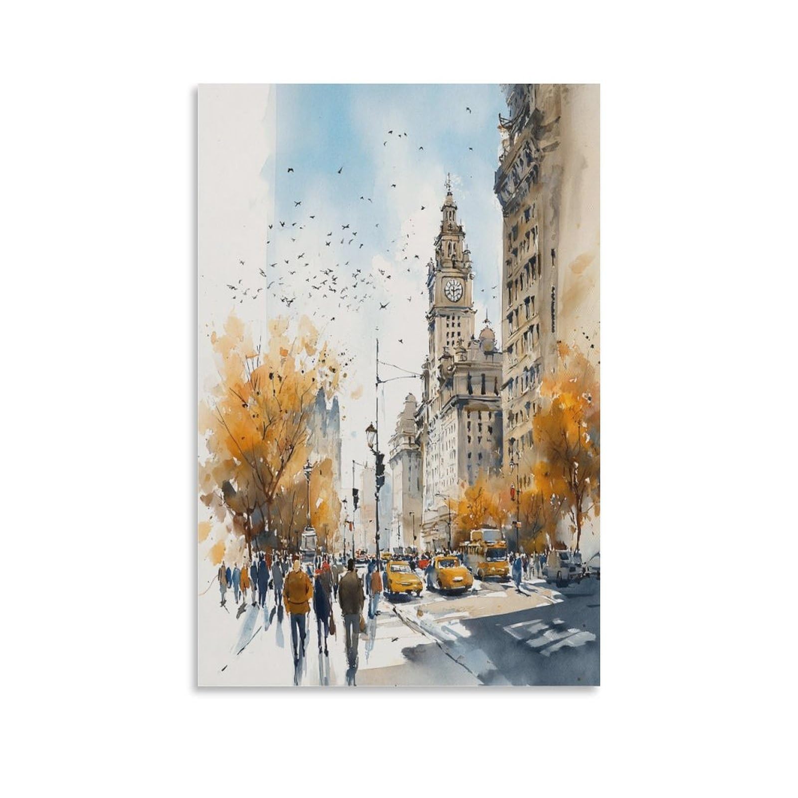 XWYMXZ New York City Retro Manhattan Cityscape 24x36inch(60x90cm) Vintage Travel Poster Watercolor Canvas Art