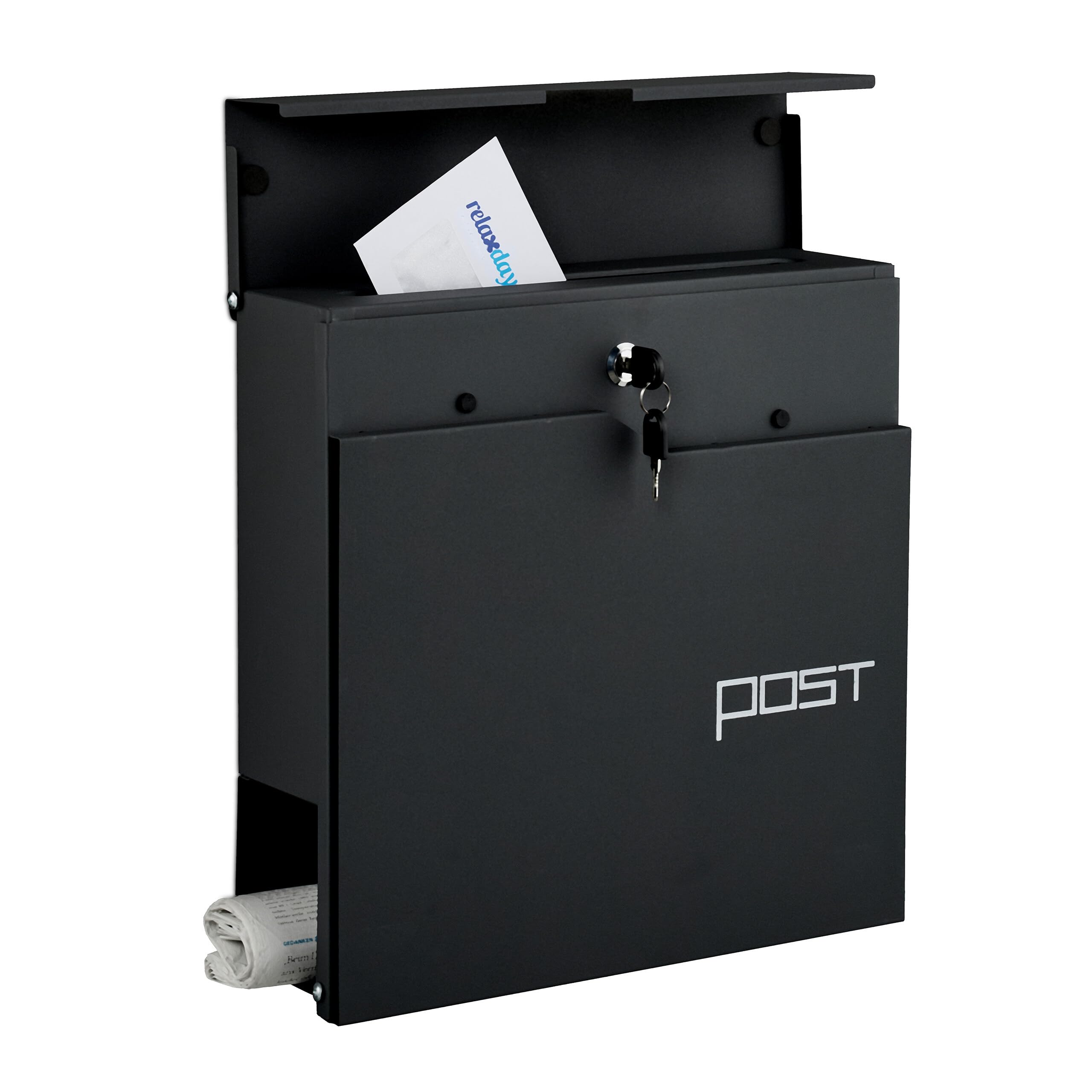 Relaxdays Black Mailbox With Modern Design, Metal, 4 Keys, With Newspaper Holder, Hxwxd: Approx. 38 X 37 X 12 Cm,