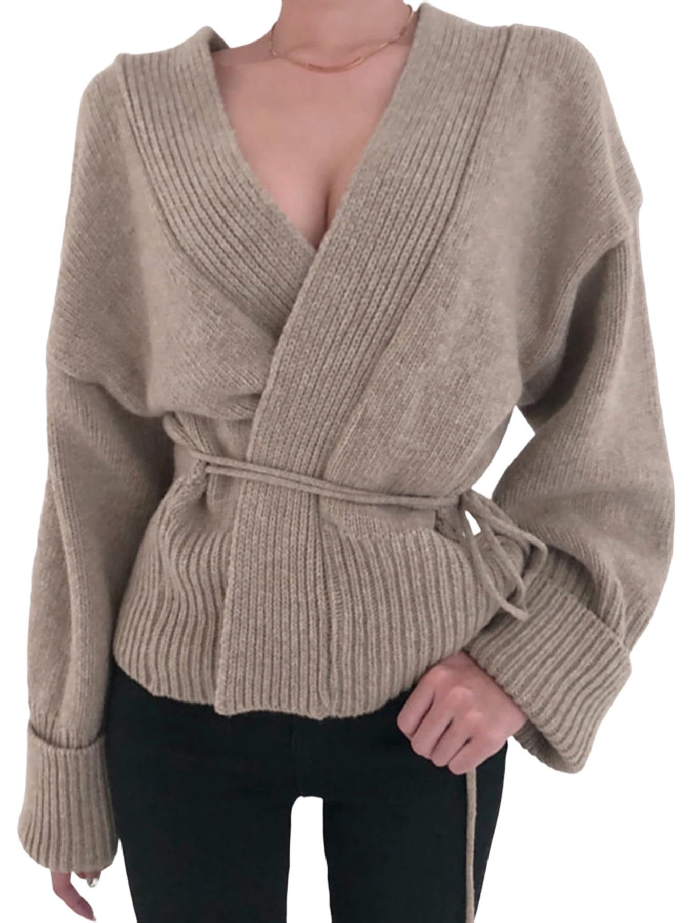 Womens Wrap V-Neck Ribbed Cardigan Sweater Casual Drop Shoulder Long Sleeve Tie Front Belted Tops for Women