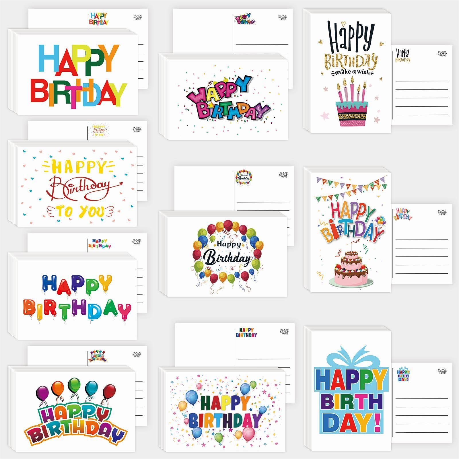 KTFNOMES 100 Pack Happy Birthday Postcards - 4 x 6 Inch Birthday Cards Assortment Bulk Birthday Greeting Cards Blank Birthday Cards, 10 Unique Designs, Ideal for Kids, Men, Women, and Elderly