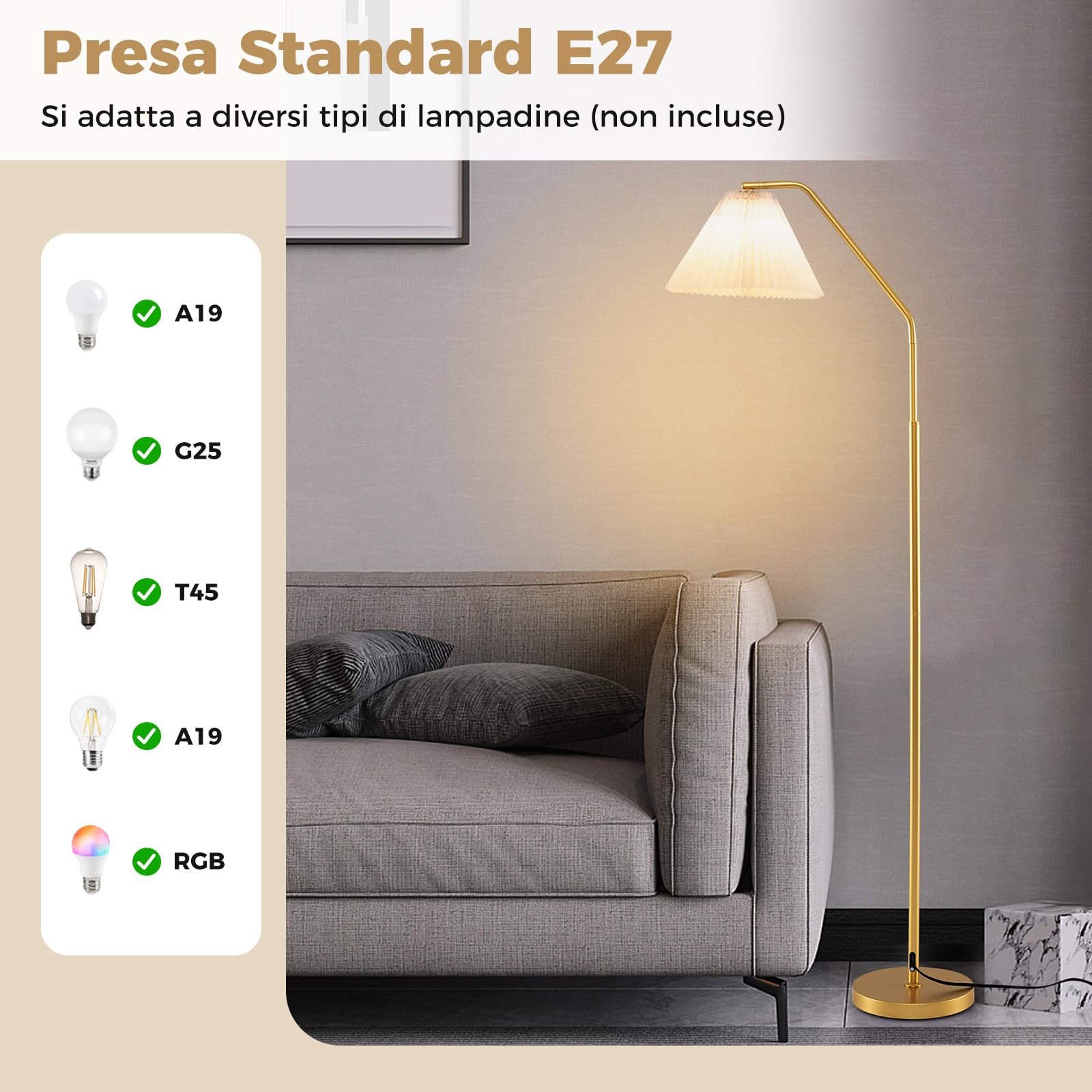 COSTWAY Lampada da Terra ad Arco con Paralume e Testa Regolabile | Piantana da Terra con Interruttore a Pedale e Presa E27, Moderna per Salotto, Soggiorno e Ufficio, Oro e Bianco