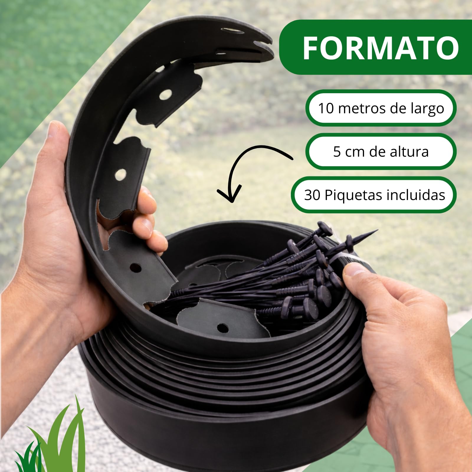 PLANTAWA Borde para Césped Artificial Negro 10m, 30 piquetas | Delimitación y Fijación del Perímetro, Contención de Materiales y Acabado Profesional | Flexible, Discreto y Resistente para Jardín