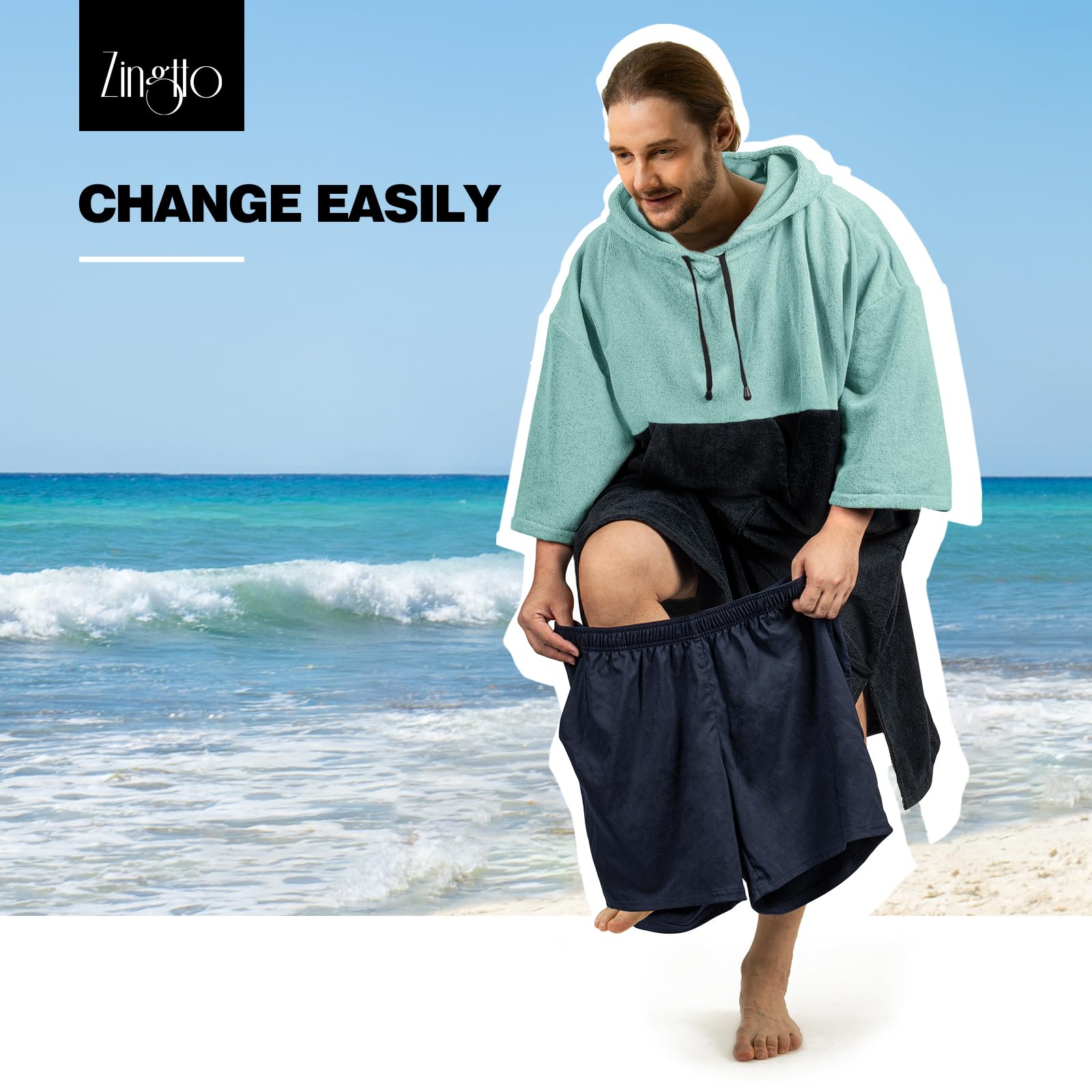 Poncho de surf à enfiler, manches 3/4, très grand, épais poncho à capuche pour homme et femme, baignade en bord de mer, 109,2 cm x 88,9 cm, noir vert