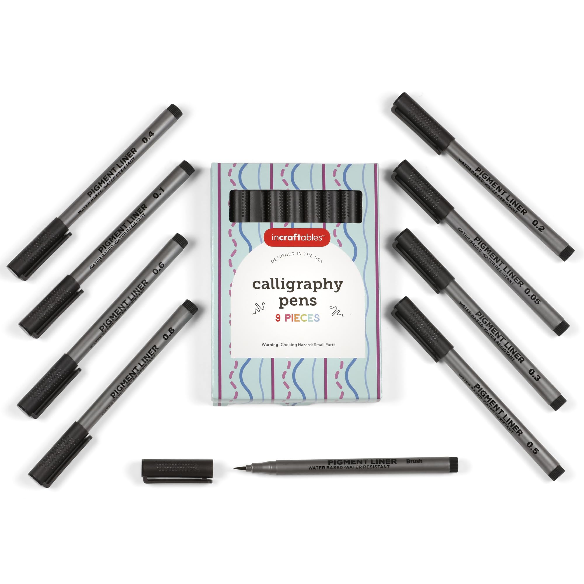 Incraftables Calligraphy Brush Pens – Pack of 9 Assorted Tips – Black Chisel Tip Markers for Hand Lettering, Writing, Sketching, Scrapbooking, & Art
