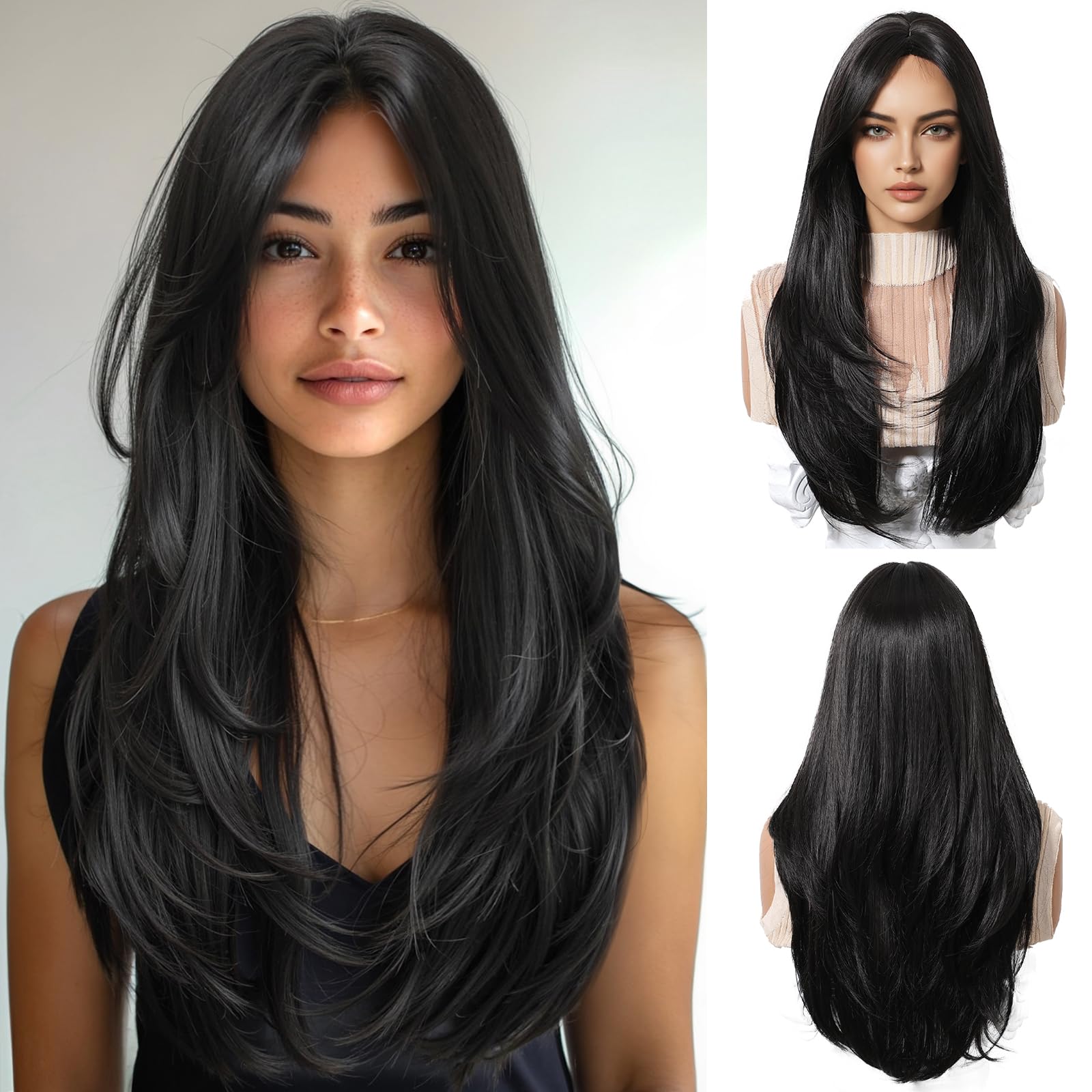 Peluca Larga de Mujer Negra con Flequillo Recto Natural Pelucas de Pelo Sintético Resistentes al Calor para Uso Diario en Fiestas Cosplay